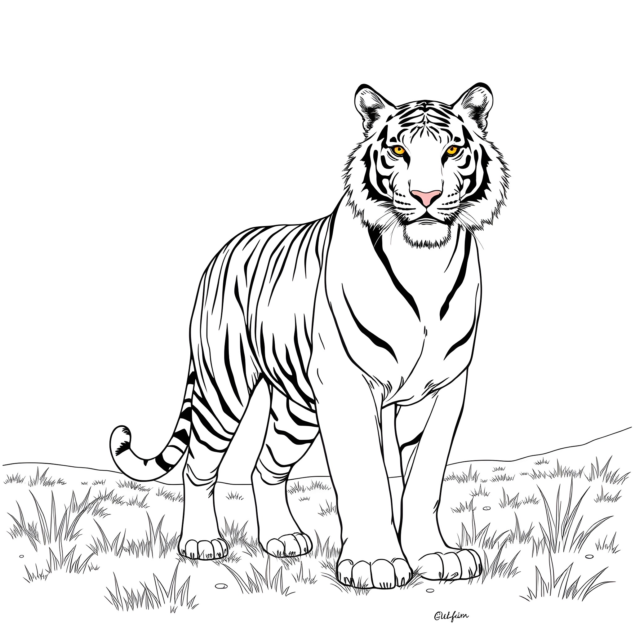 Tiger standing majestically in the wilderness Coloring Page (free black-and-white line drawing printable PDF for all, from beginners to advanced learners, including children, teens, adults, and seniors)