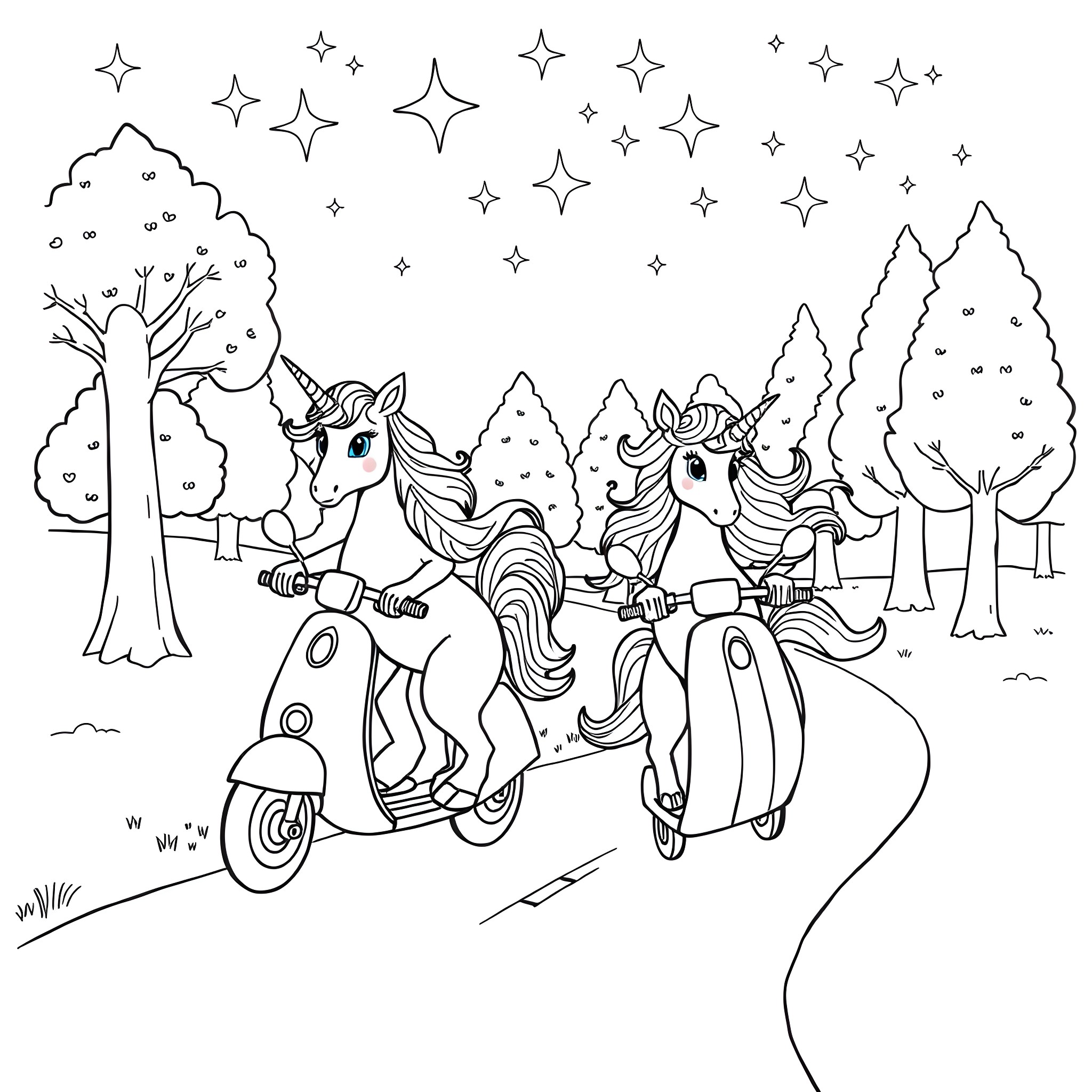 Unicorn Companions Riding Scooters in Magical Forest Coloring Page (free black-and-white line drawing printable PDF for all, from beginners to advanced learners, including children, teens, adults, and seniors)