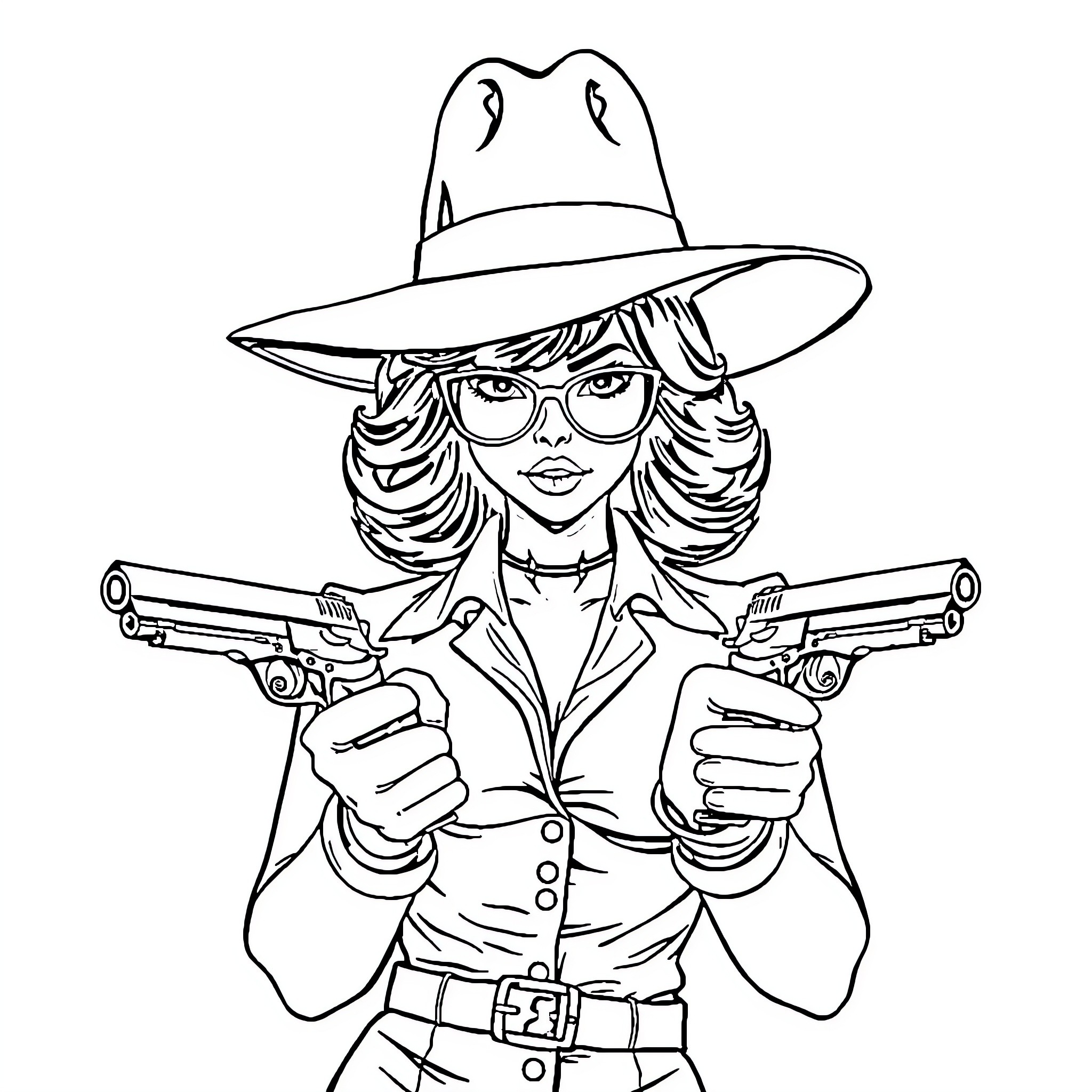 Mafalda the Gunslinger in Fierce Pose Coloring Page (free black-and-white line drawing printable PDF for all, from beginners to advanced learners, including children, teens, adults, and seniors)