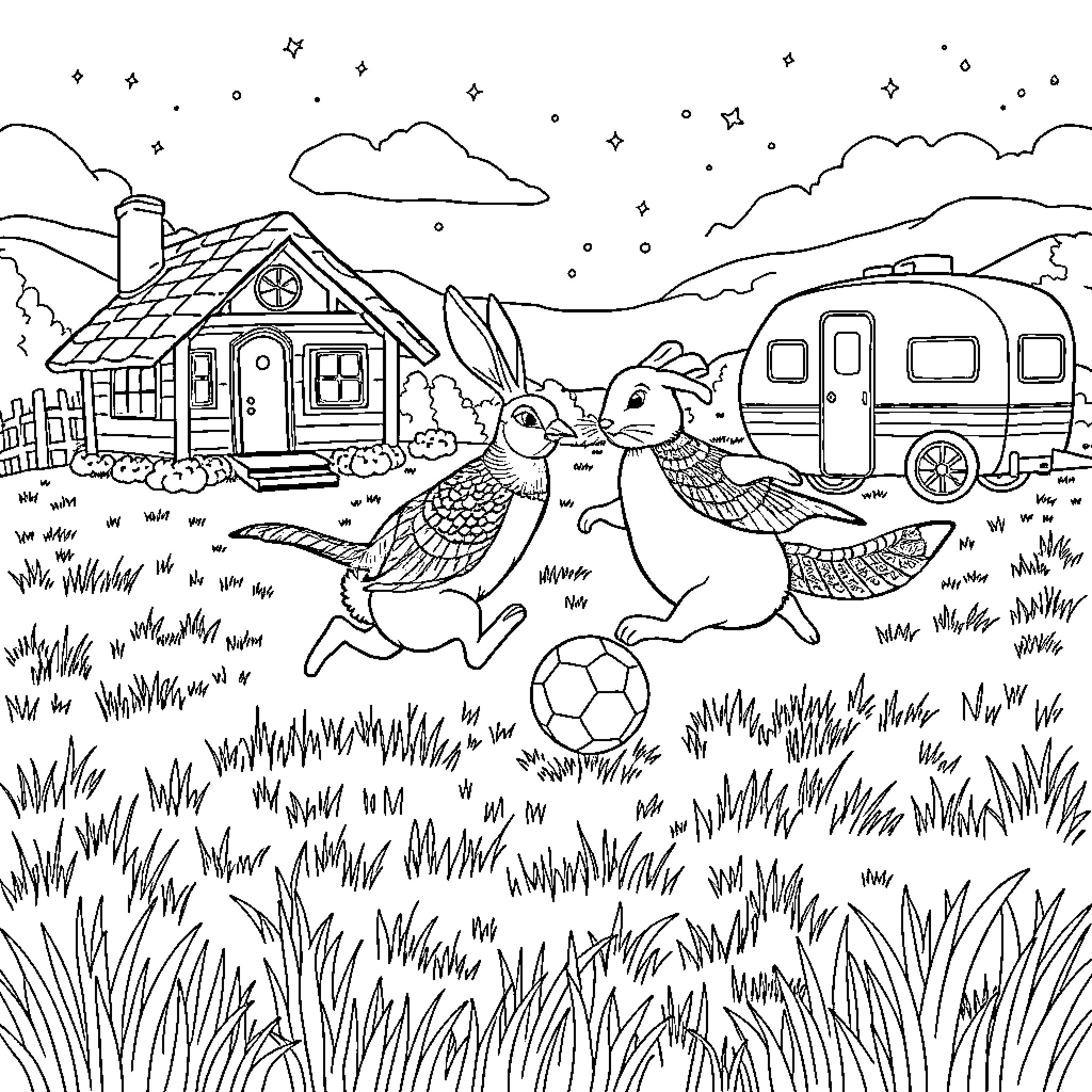 Rabbit playing with friends in the countryside Coloring Page (free black-and-white line drawing printable PDF for all, from beginners to advanced learners, including children, teens, adults, and seniors)