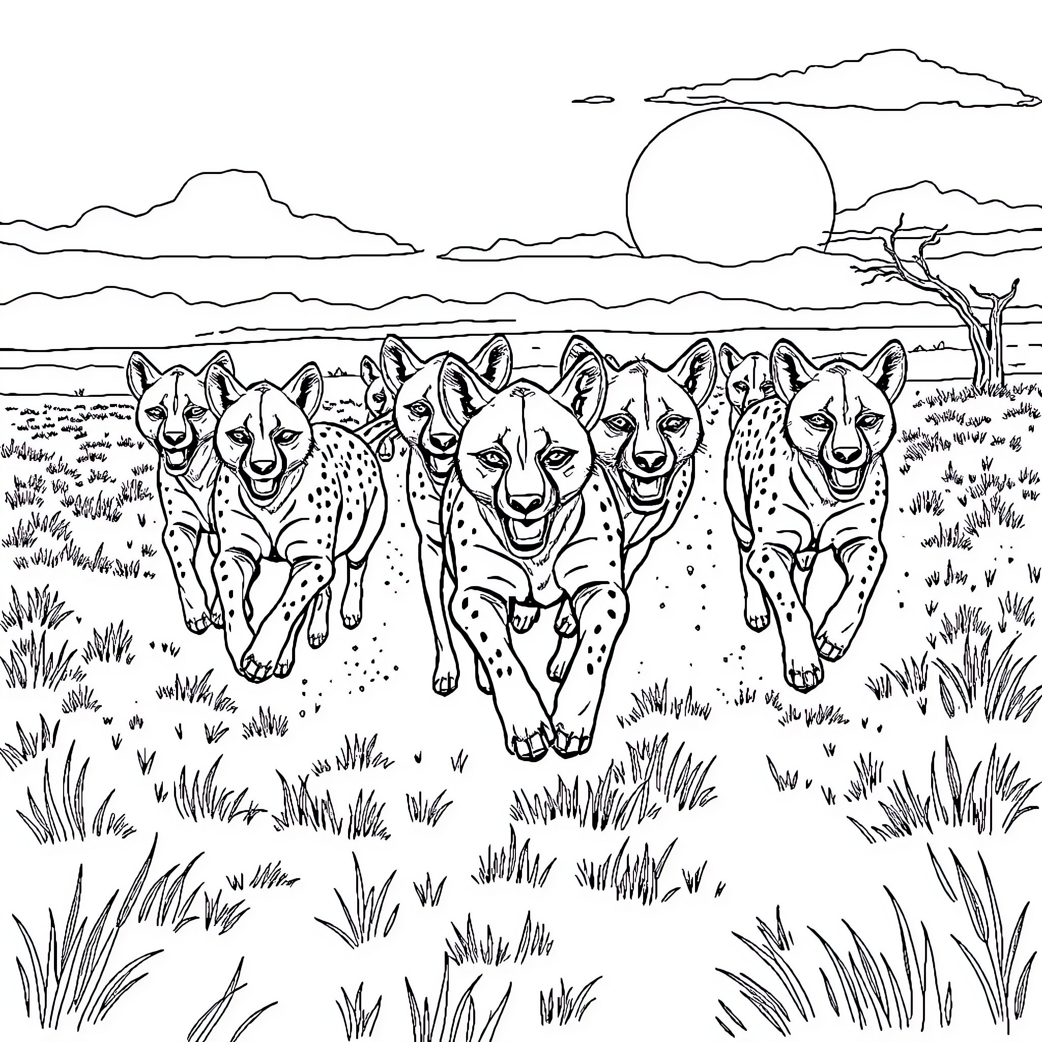Hyena pack hunting together in the wild Coloring Page (free black-and-white line drawing printable PDF for all, from beginners to advanced learners, including children, teens, adults, and seniors)