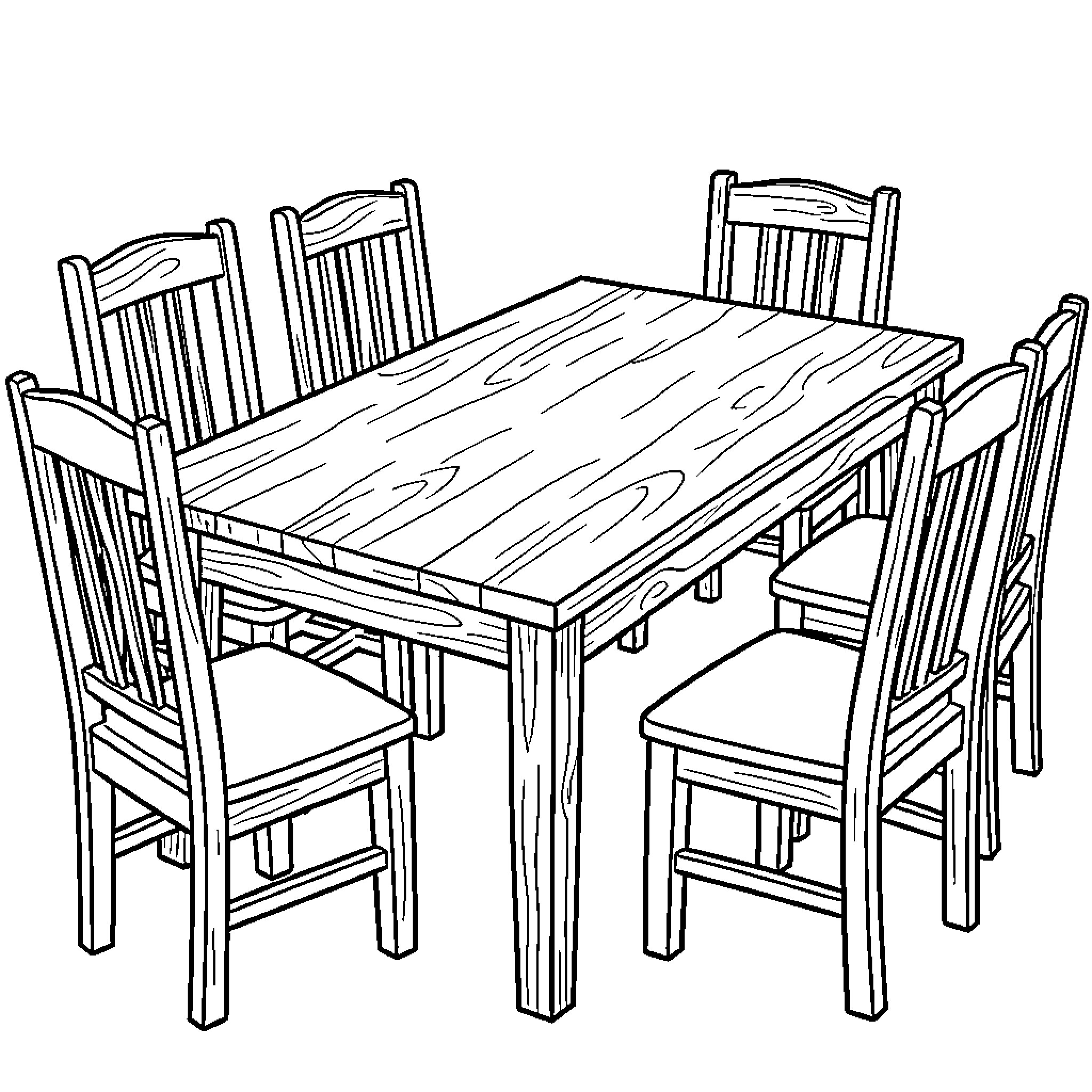 Table with Rustic Wooden Chairs Coloring Page (free black-and-white line drawing printable PDF for all, from beginners to advanced learners, including children, teens, adults, and seniors)