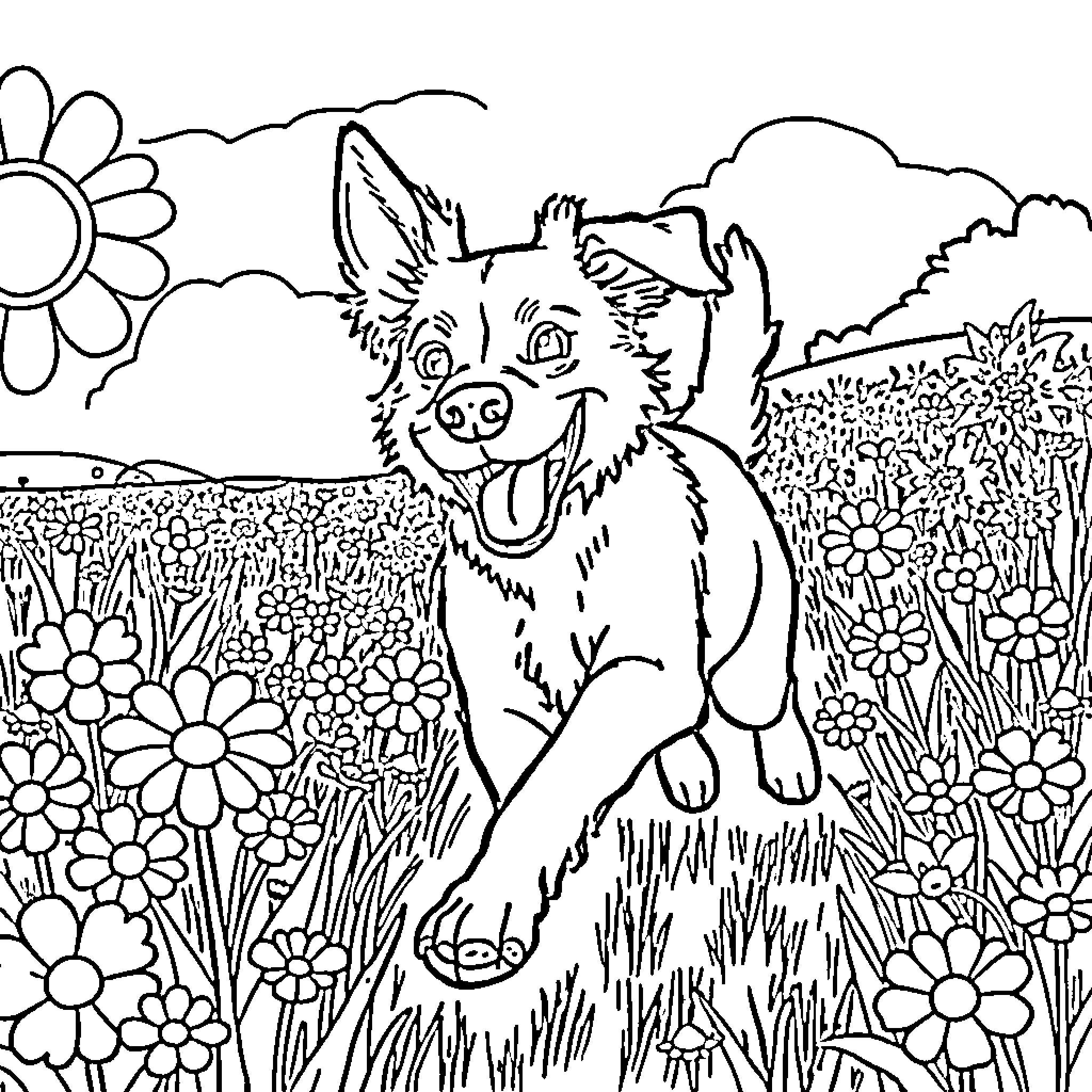 Dog playing joyfully in a flower-filled meadow Coloring Page (free black-and-white line drawing printable PDF for all, from beginners to advanced learners, including children, teens, adults, and seniors)