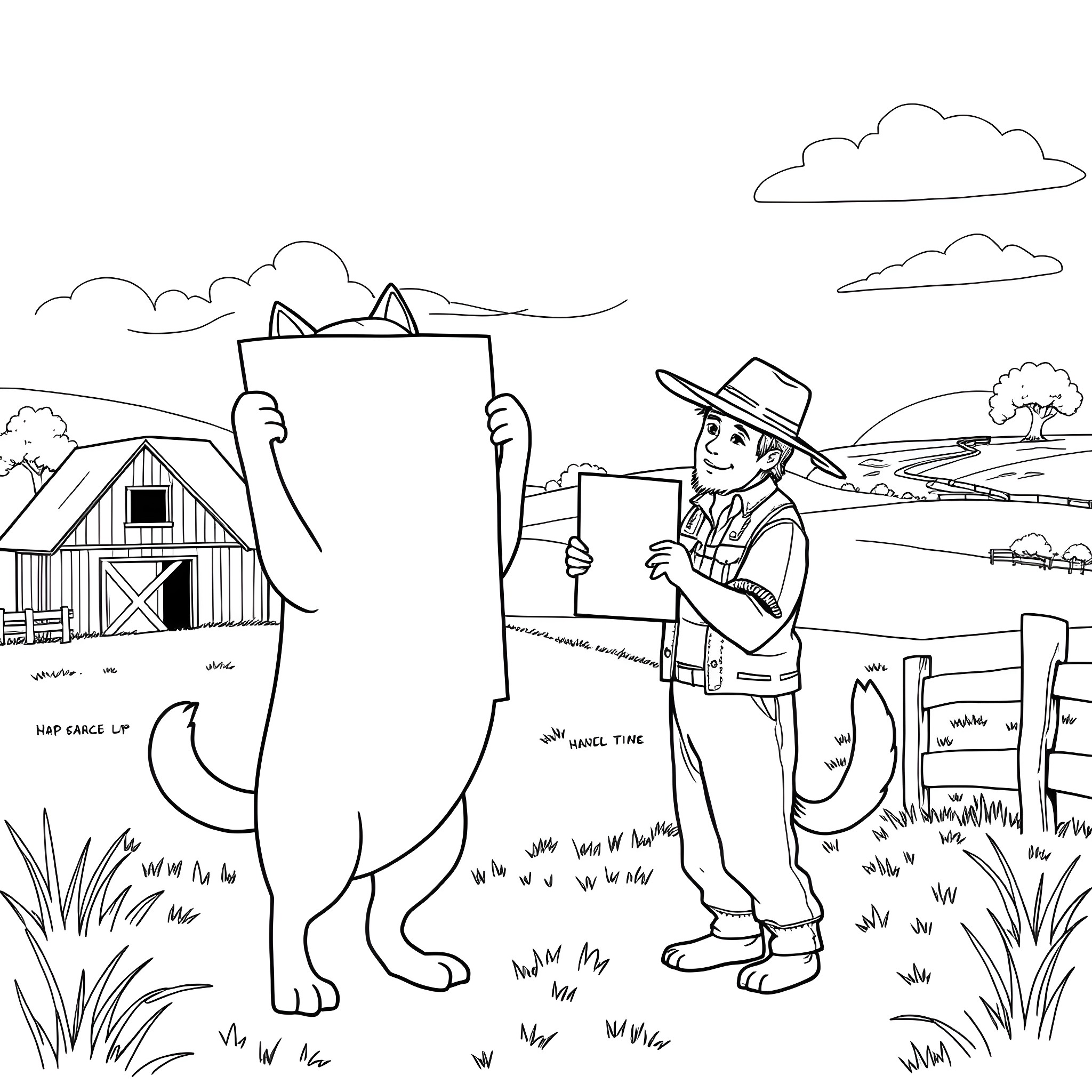 Dog helping farmer with chores on the farm Coloring Page (free black-and-white line drawing printable PDF for all, from beginners to advanced learners, including children, teens, adults, and seniors)