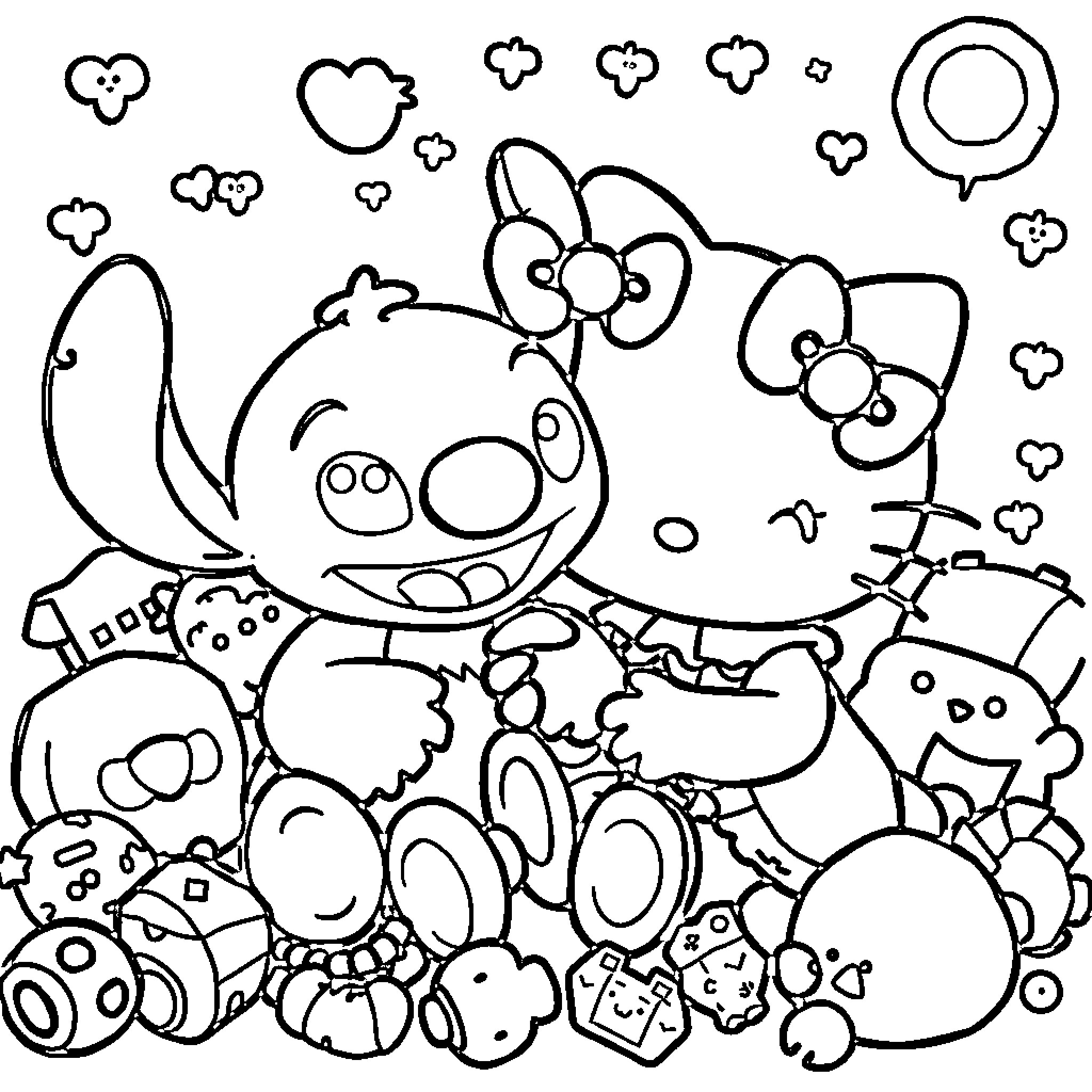 Hello Kitty playing with adorable plush toys Coloring Page (free black-and-white line drawing printable PDF for all, from beginners to advanced learners, including children, teens, adults, and seniors)