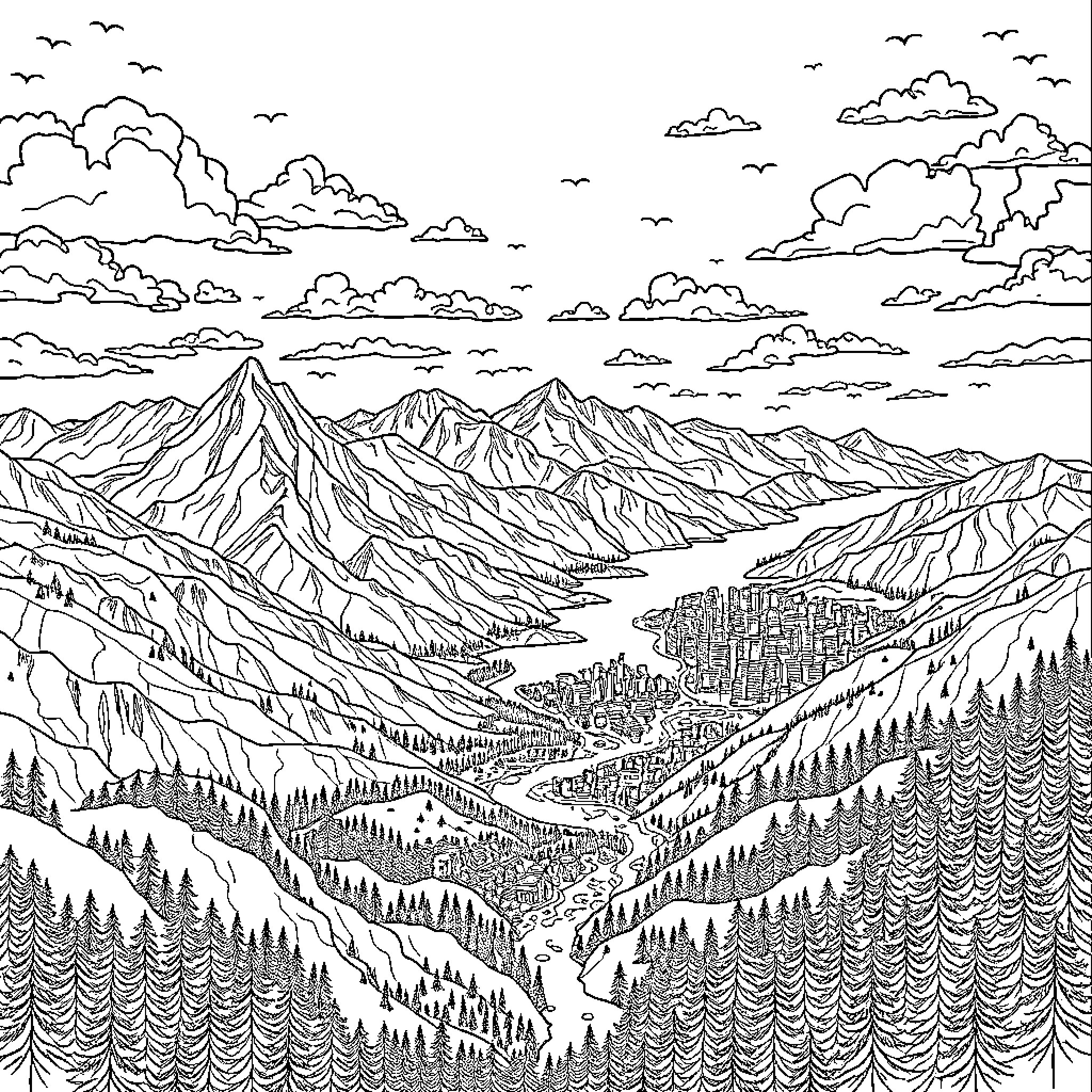World of Majestic Mountains and Valleys Coloring Page (free black-and-white line drawing printable PDF for all, from beginners to advanced learners, including children, teens, adults, and seniors)