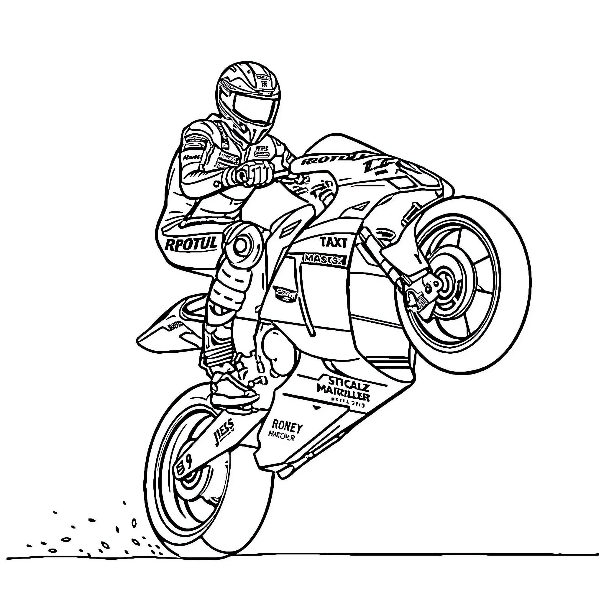 Marc Marquez riding motorcycle with skills and speed Coloring Page (free black-and-white line drawing printable PDF for all, from beginners to advanced learners, including children, teens, adults, and seniors)