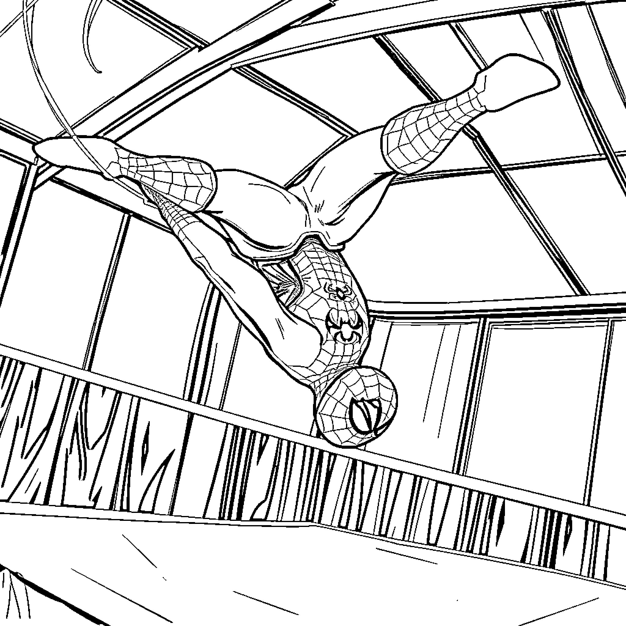 Spiderman climbing up a building in action Coloring Page (free black-and-white line drawing printable PDF for all, from beginners to advanced learners, including children, teens, adults, and seniors)