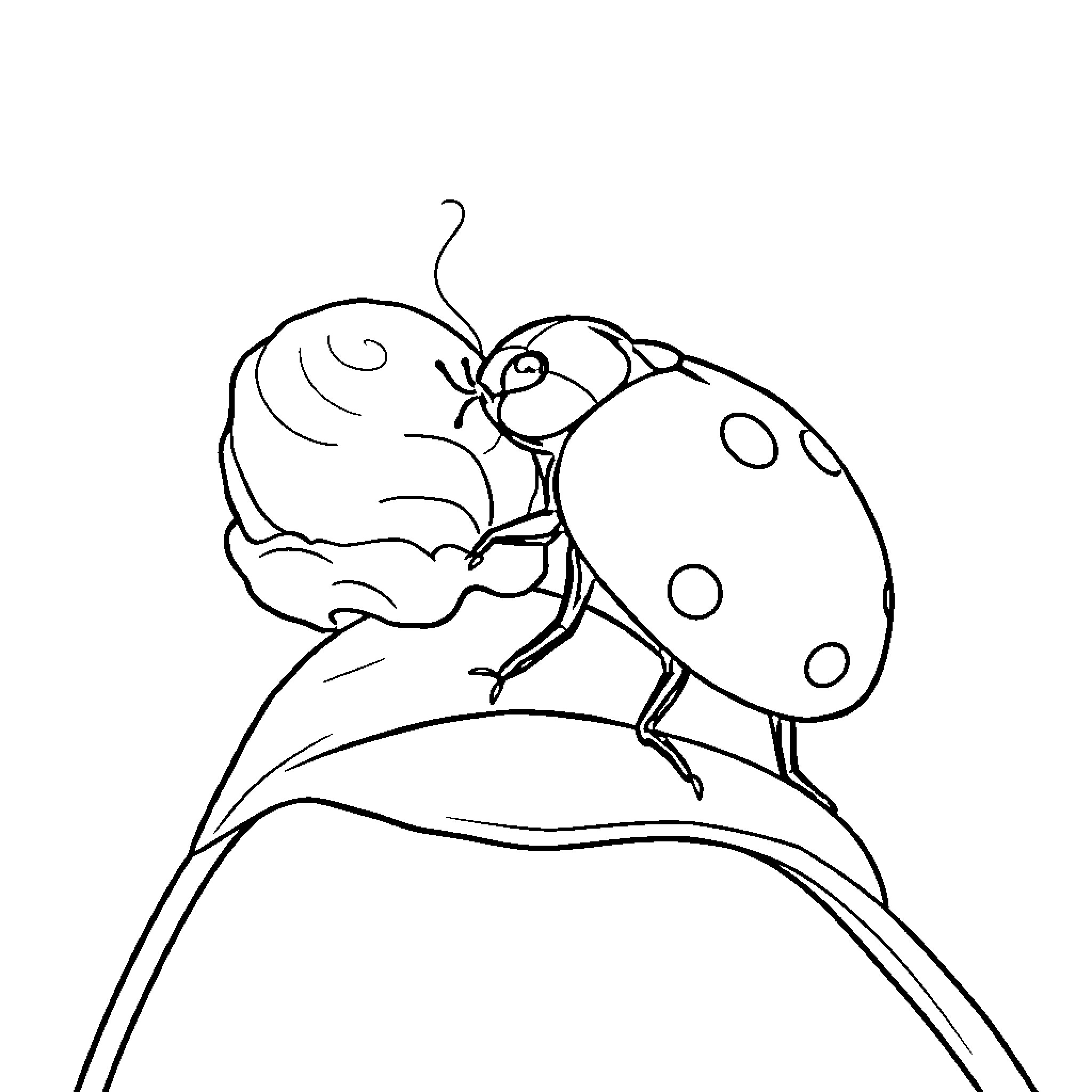 Ladybug resting on a leaf Coloring Page (free black-and-white line drawing printable PDF for all, from beginners to advanced learners, including children, teens, adults, and seniors)