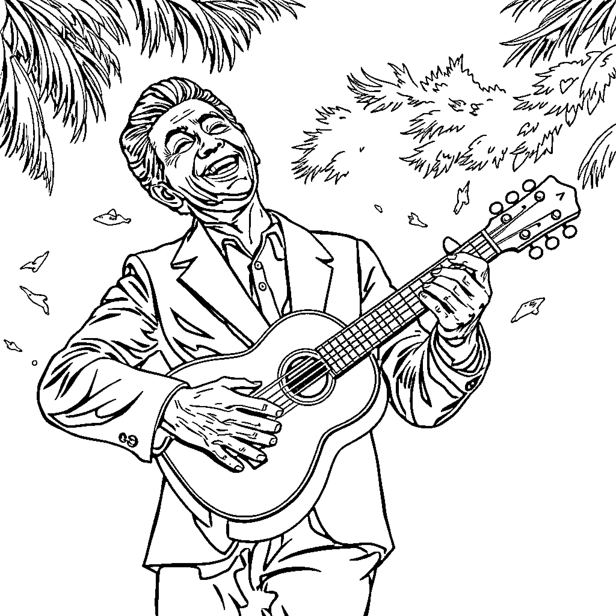 Ali Primera playing guitar in the outdoors Coloring Page (free black-and-white line drawing printable PDF for all, from beginners to advanced learners, including children, teens, adults, and seniors)