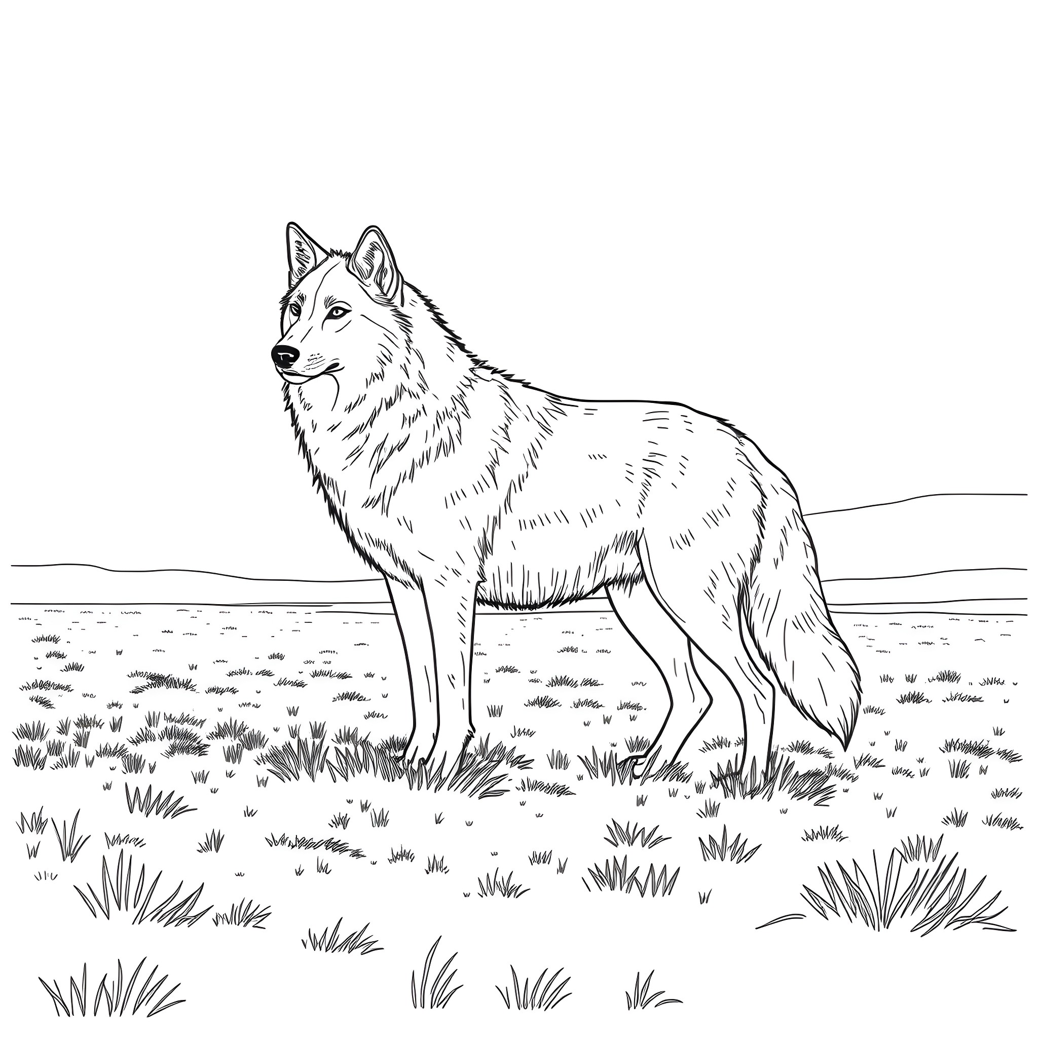 Wolf standing in the wild Coloring Page (free black-and-white line drawing printable PDF for all, from beginners to advanced learners, including children, teens, adults, and seniors)