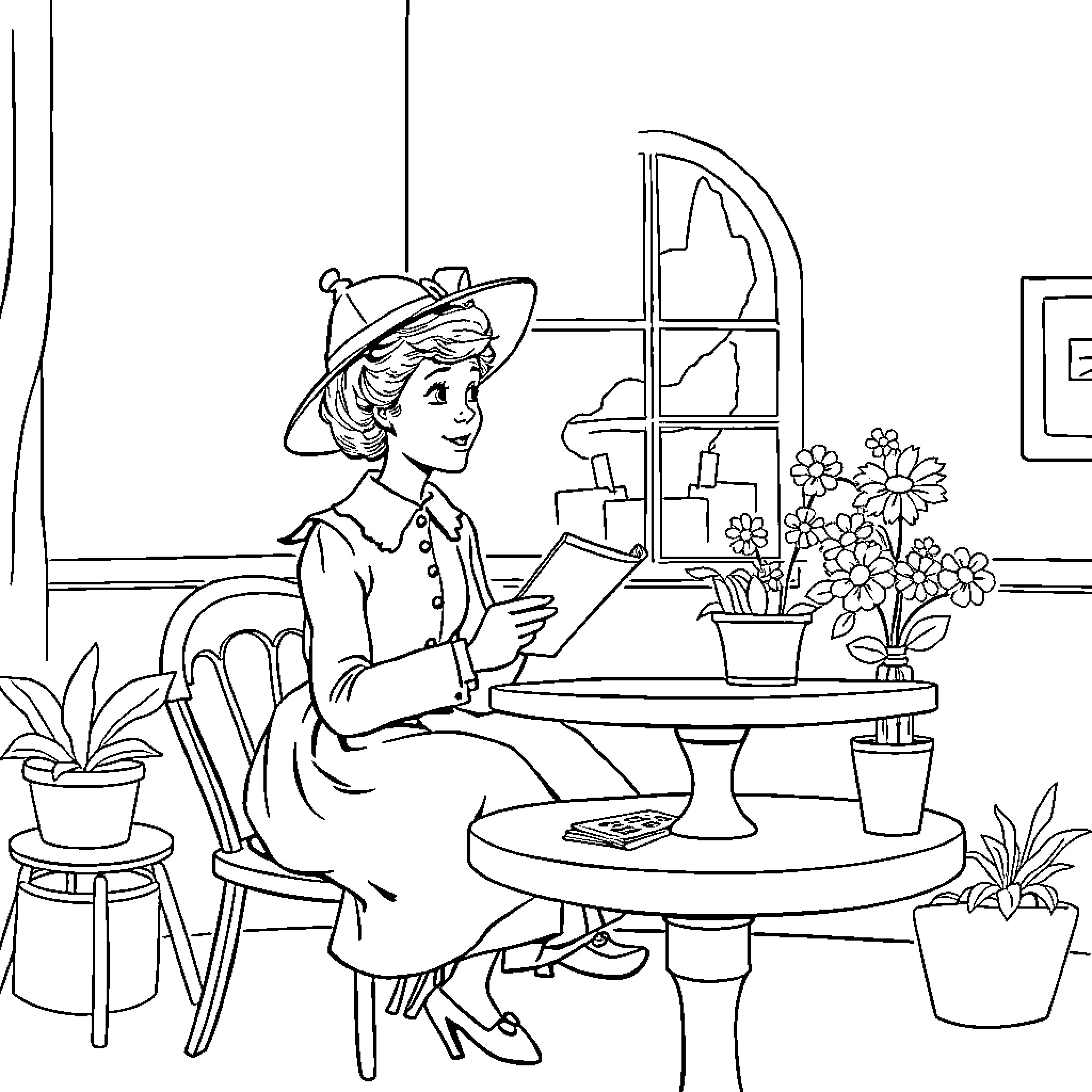 Mary Poppins reading a book in a cozy home setting Coloring Page (free black-and-white line drawing printable PDF for all, from beginners to advanced learners, including children, teens, adults, and seniors)