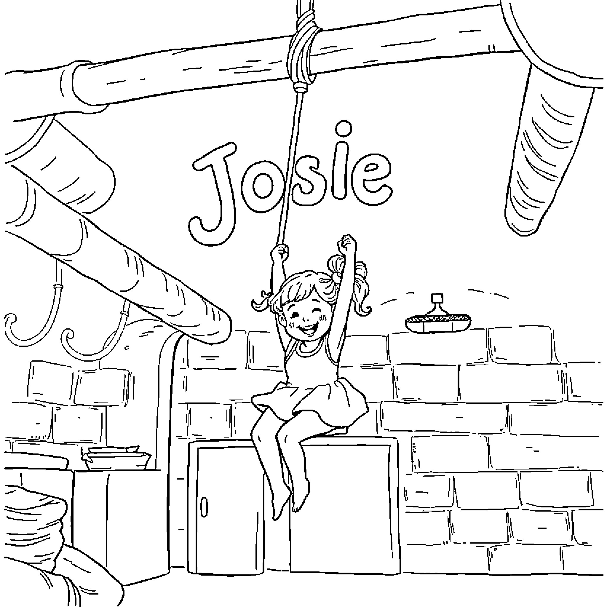 Girl playing happily on the playground Coloring Page (free black-and-white line drawing printable PDF for all, from beginners to advanced learners, including children, teens, adults, and seniors)