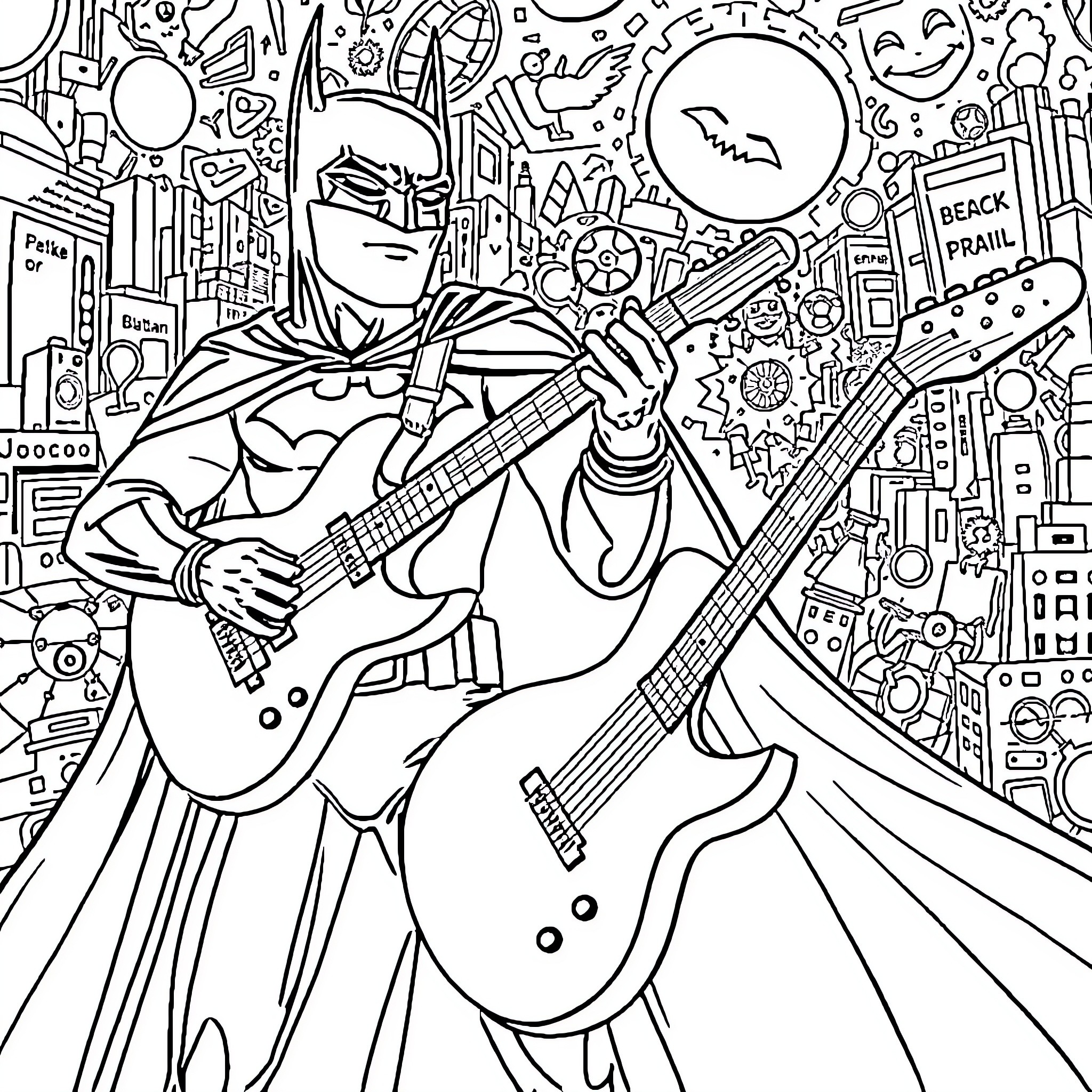 Plumber Superhero Rocks Out with Guitar in Vibrant City Coloring Page (free black-and-white line drawing printable PDF for all, from beginners to advanced learners, including children, teens, adults, and seniors)