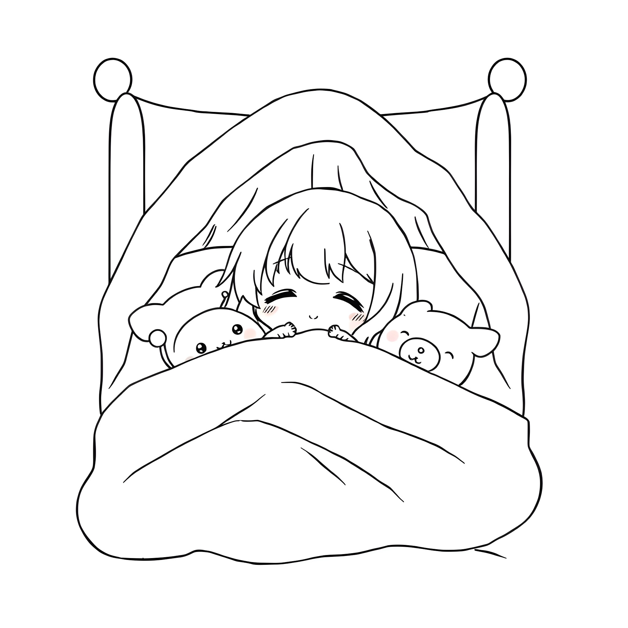 Kawaii Sleeping Girl Cuddled by Plush Toys Coloring Page (free black-and-white line drawing printable PDF for all, from beginners to advanced learners, including children, teens, adults, and seniors)