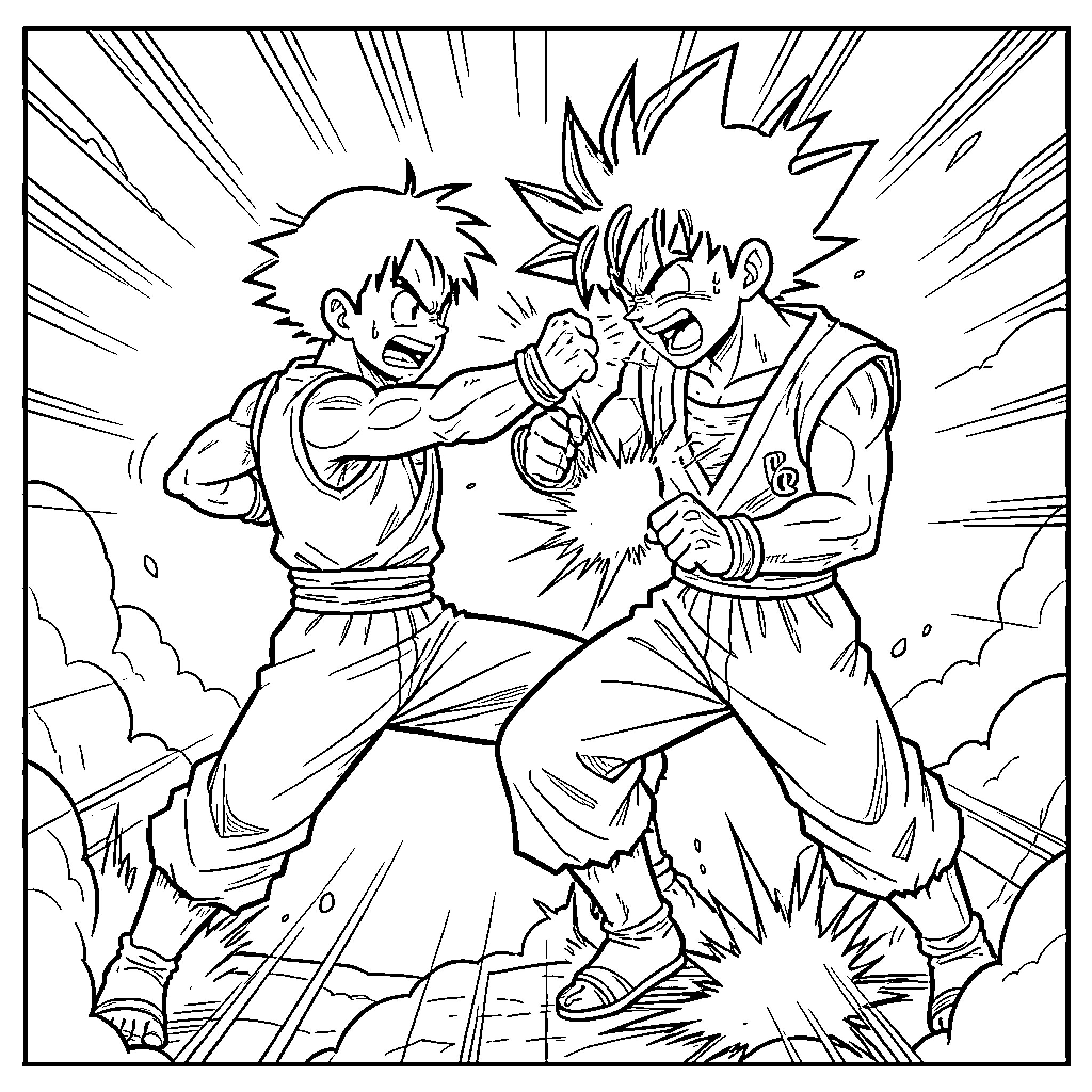Luffy fighting intensely against a powerful opponent Coloring Page (free black-and-white line drawing printable PDF for all, from beginners to advanced learners, including children, teens, adults, and seniors)