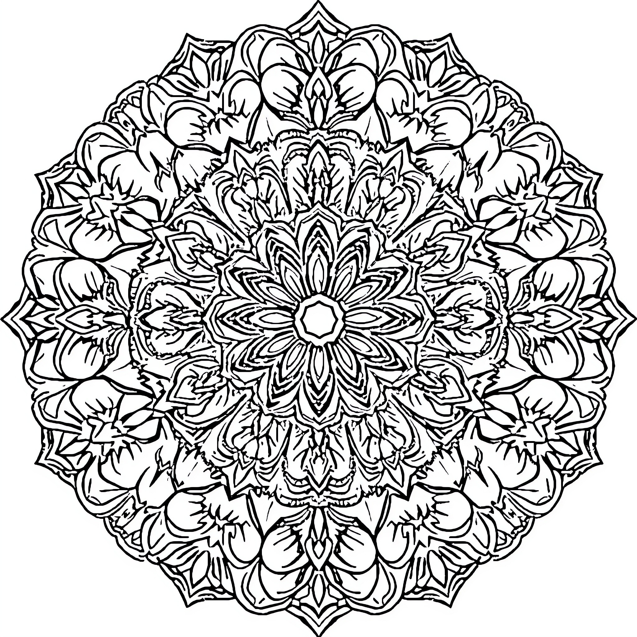 Mandala with intricate floral patterns Coloring Page (free black-and-white line drawing printable PDF for all, from beginners to advanced learners, including children, teens, adults, and seniors)