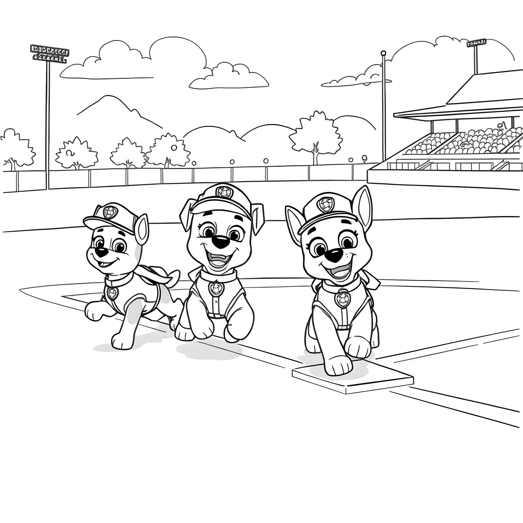 Paw Patrol characters on the field Coloring Page (free black-and-white line drawing printable PDF for all, from beginners to advanced learners, including children, teens, adults, and seniors)