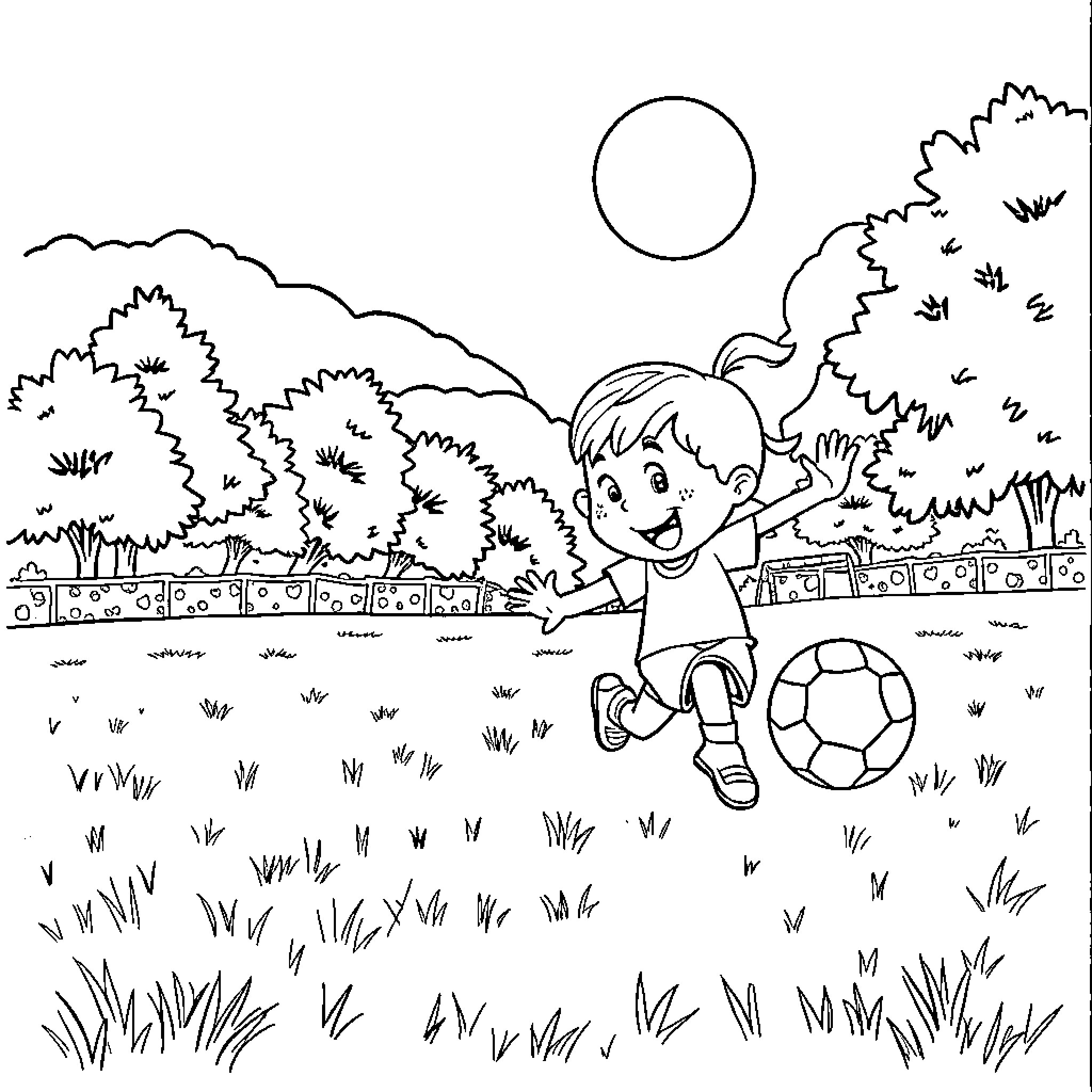 Tralero Boy Playing Soccer in the Park Coloring Page (free black-and-white line drawing printable PDF for all, from beginners to advanced learners, including children, teens, adults, and seniors)