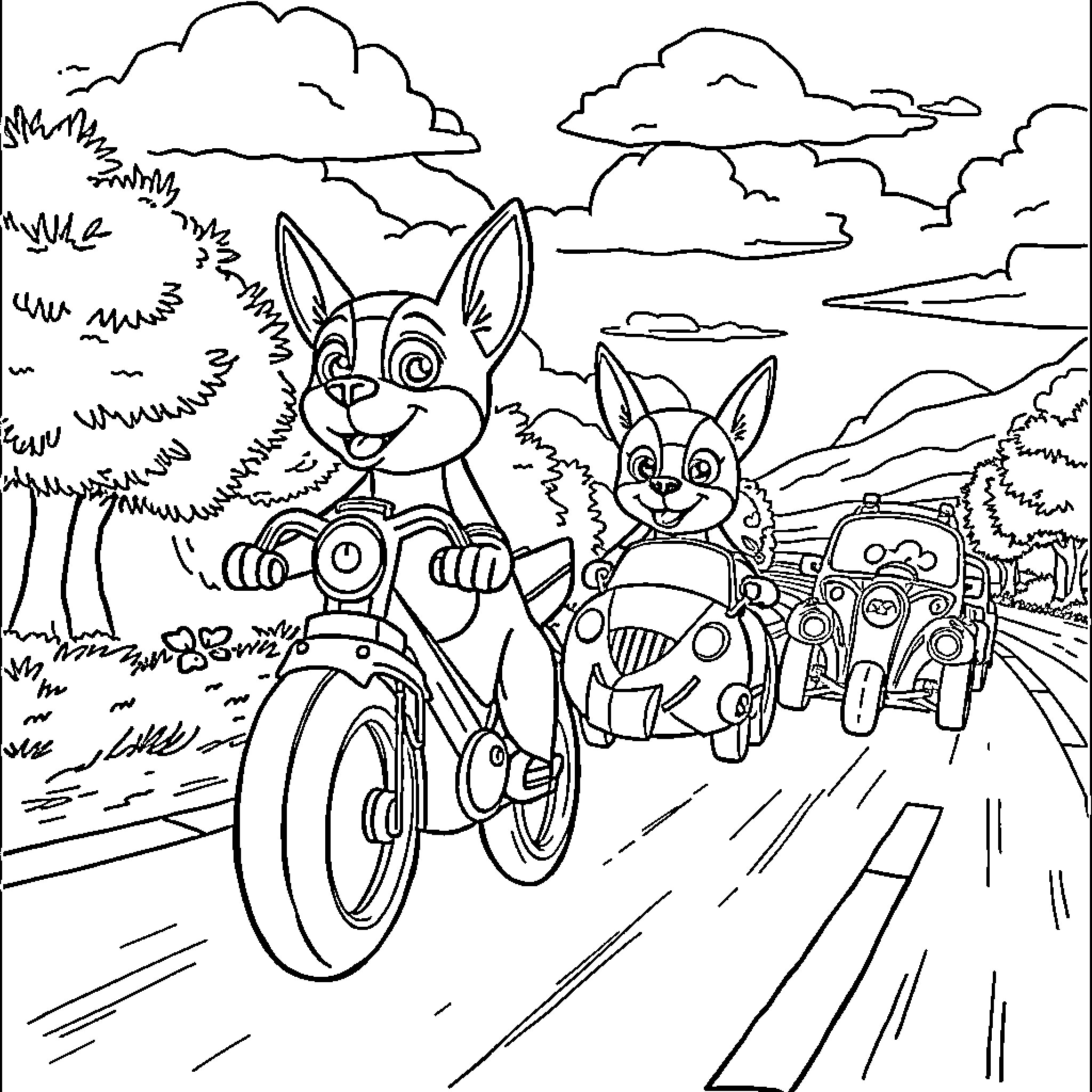 Patrol of Friendly Animal Riders on the Road Coloring Page (free black-and-white line drawing printable PDF for all, from beginners to advanced learners, including children, teens, adults, and seniors)