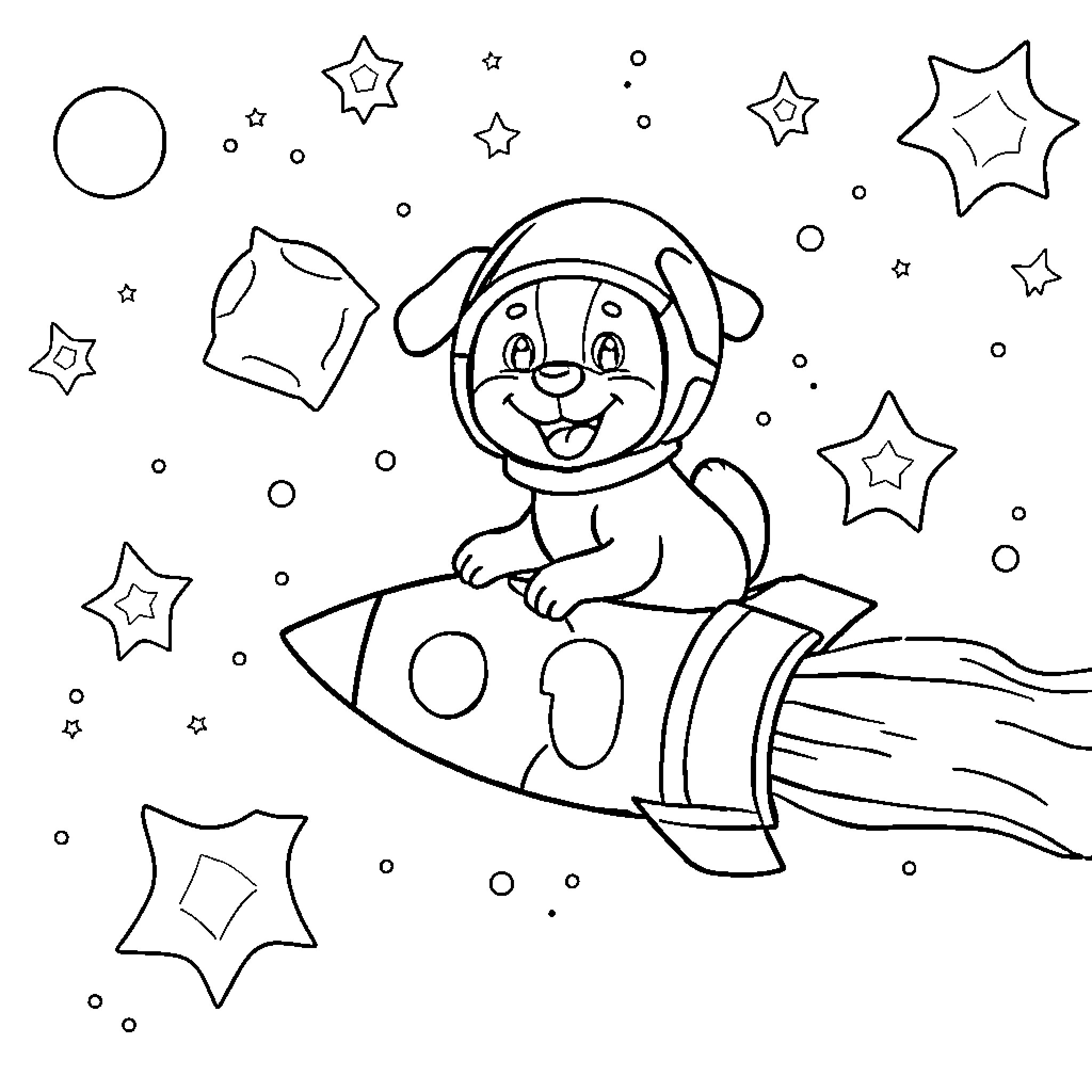 Dog riding rocket in space with stars Coloring Page (free black-and-white line drawing printable PDF for all, from beginners to advanced learners, including children, teens, adults, and seniors)
