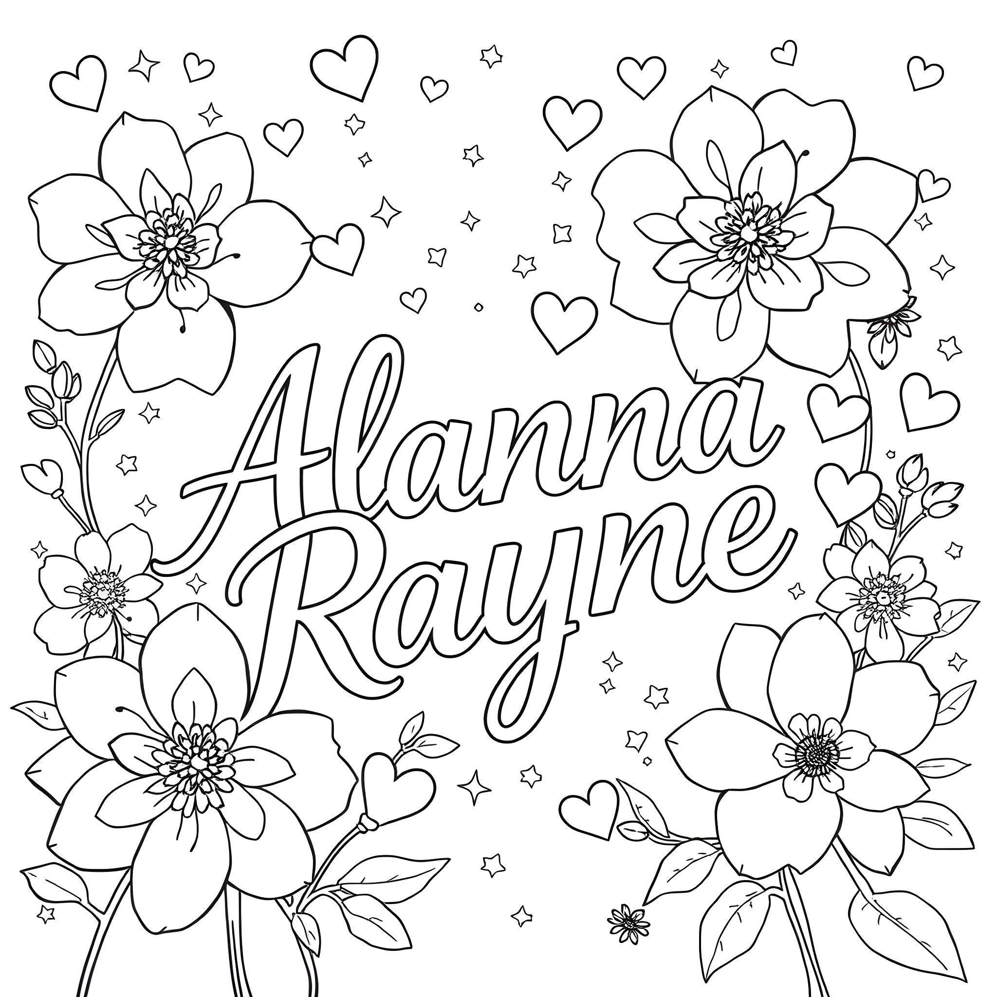 Font Floral Doodle with Name Coloring Page (free black-and-white line drawing printable PDF for all, from beginners to advanced learners, including children, teens, adults, and seniors)
