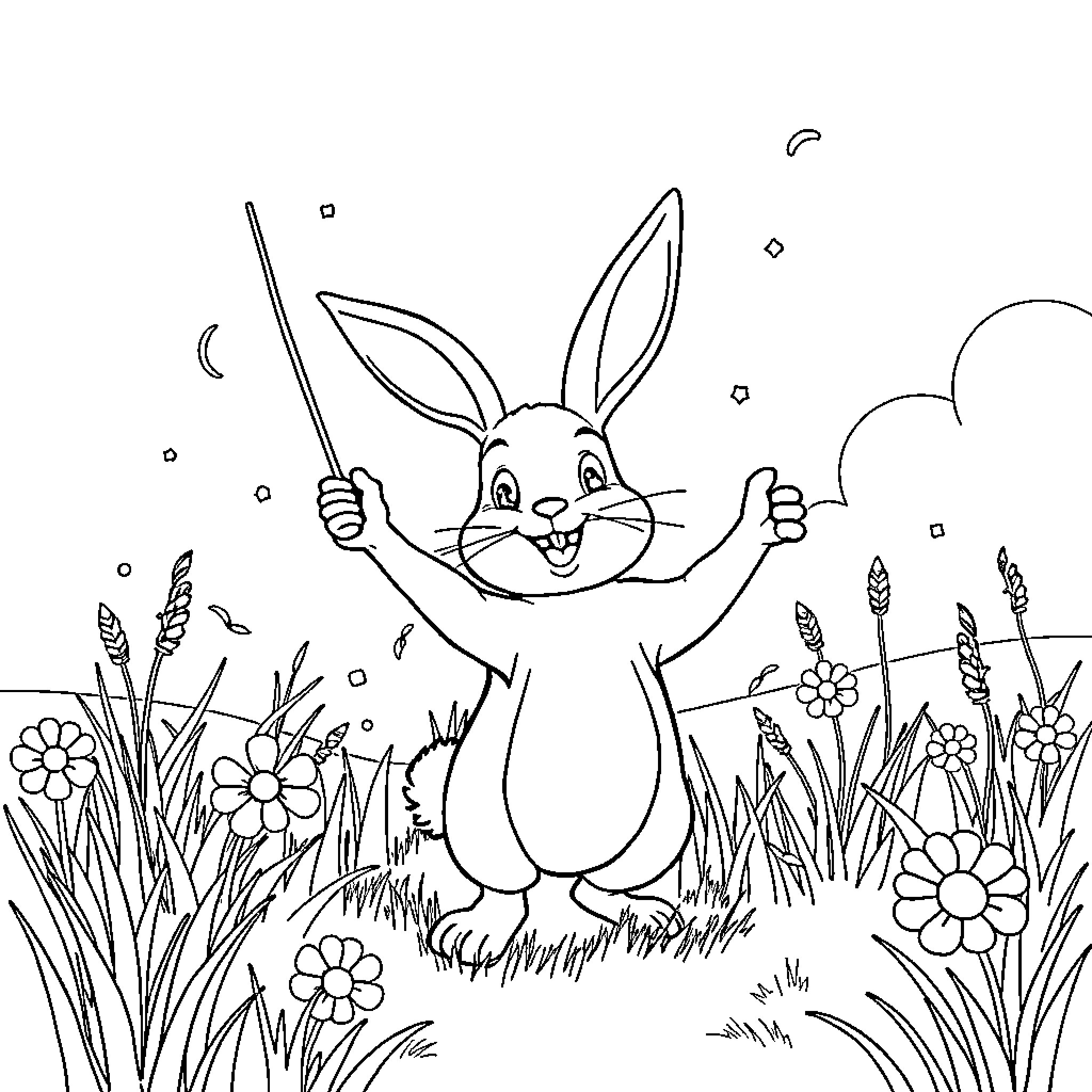 Rabbit jumping happily in a meadow Coloring Page (free black-and-white line drawing printable PDF for all, from beginners to advanced learners, including children, teens, adults, and seniors)