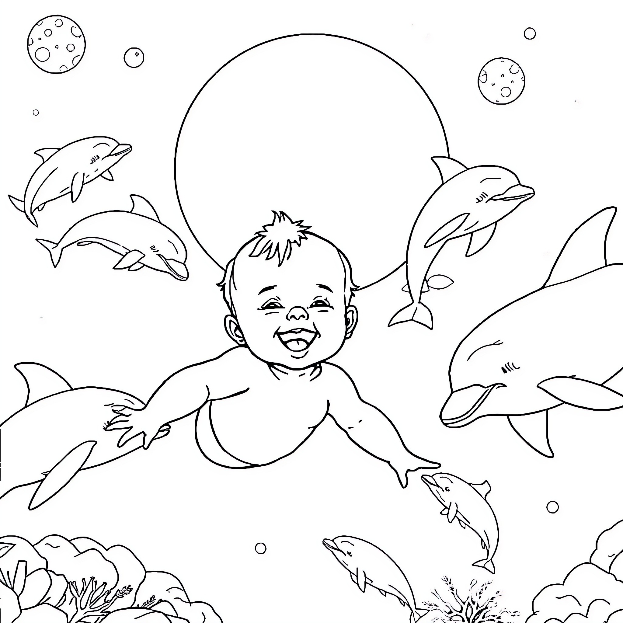 Baby swimming with dolphins in the ocean Coloring Page (free black-and-white line drawing printable PDF for all, from beginners to advanced learners, including children, teens, adults, and seniors)