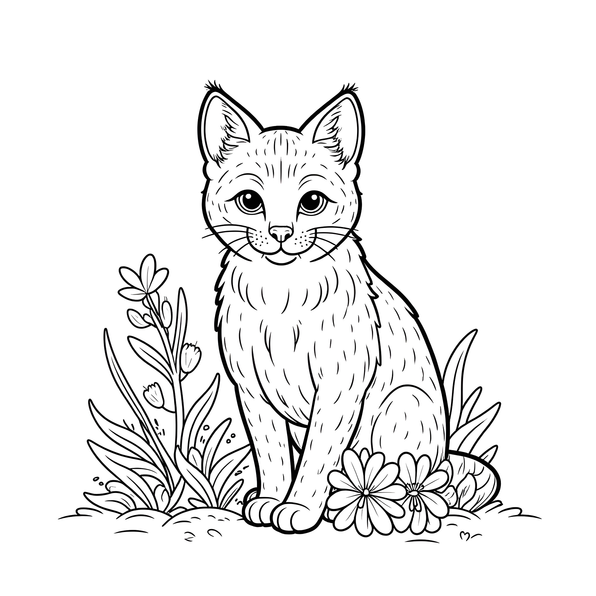 Bobcat sitting among flowers in nature Coloring Page (free black-and-white line drawing printable PDF for all, from beginners to advanced learners, including children, teens, adults, and seniors)