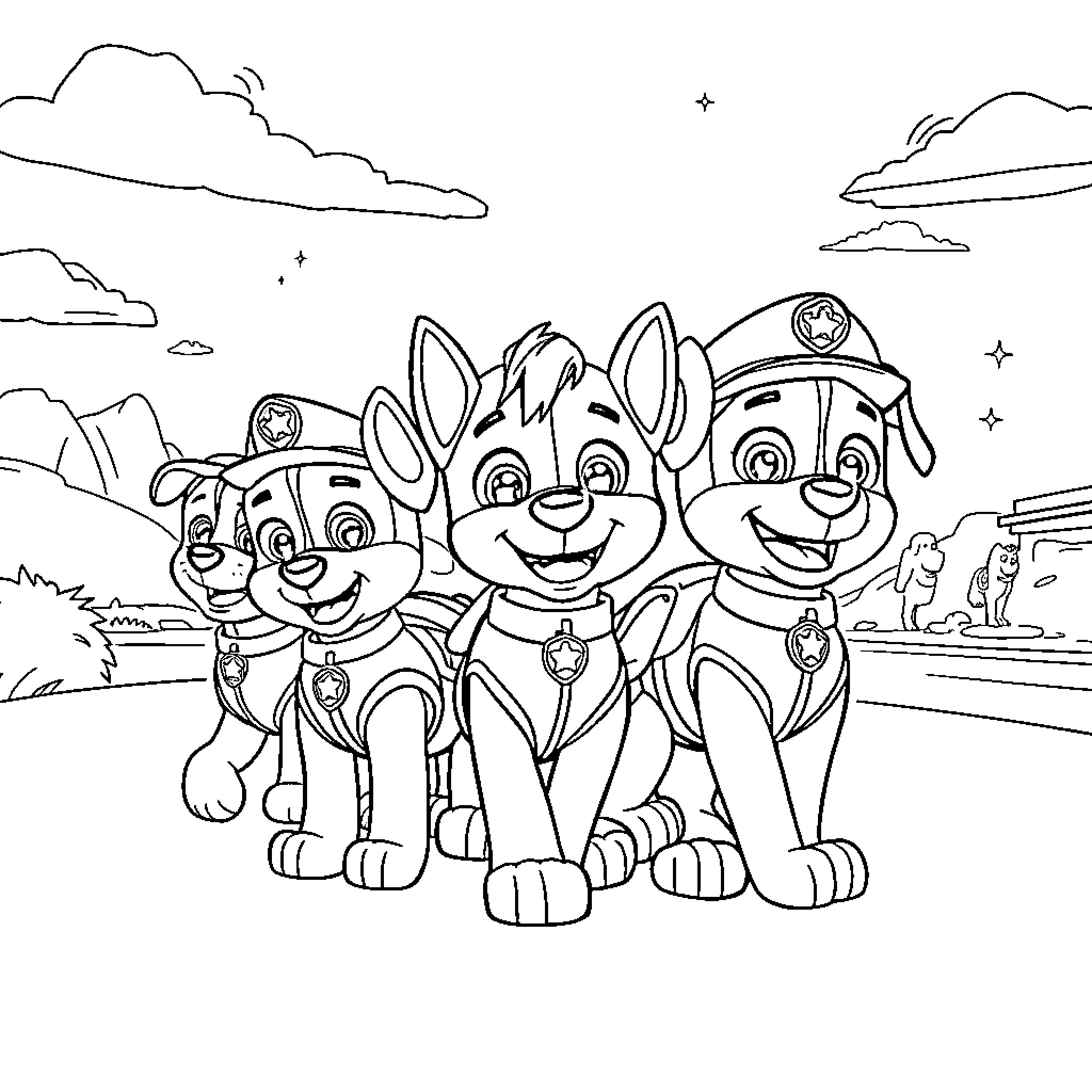 Paw Patrol Pups on an Outdoor Adventure Coloring Page (free black-and-white line drawing printable PDF for all, from beginners to advanced learners, including children, teens, adults, and seniors)
