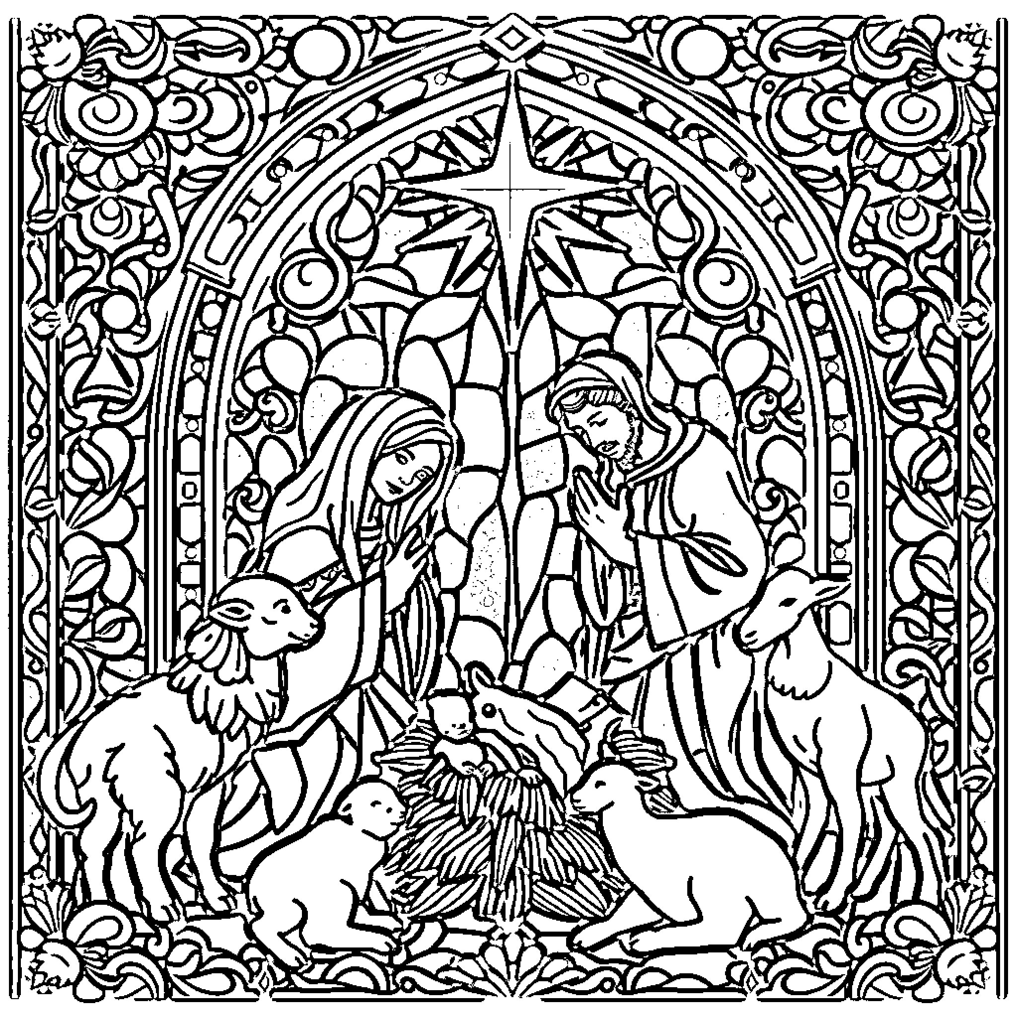 Nativity scene with ornate stained glass frame Coloring Page (free black-and-white line drawing printable PDF for all, from beginners to advanced learners, including children, teens, adults, and seniors)