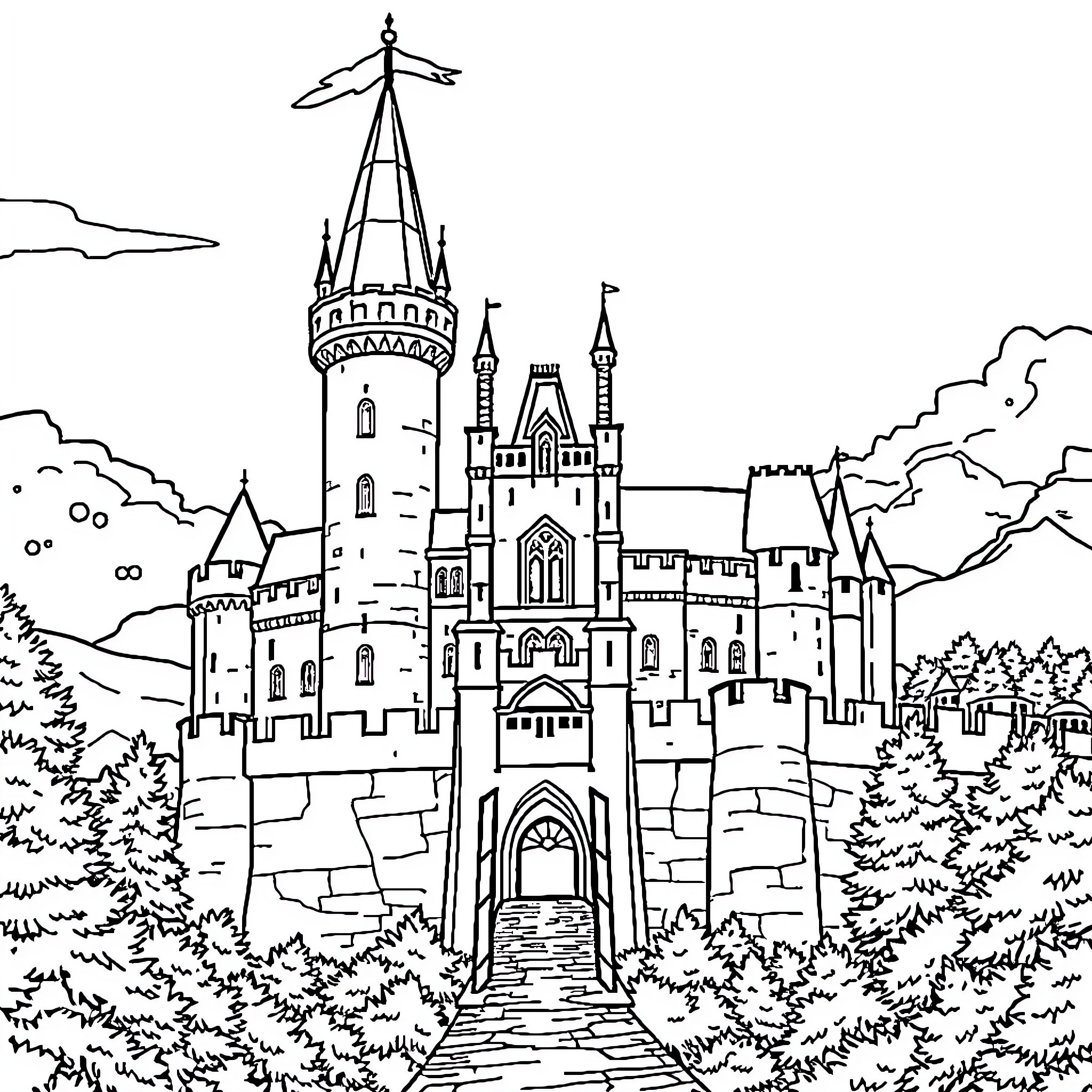 Castle of Enchantment and Adventure Coloring Page (free black-and-white line drawing printable PDF for all, from beginners to advanced learners, including children, teens, adults, and seniors)