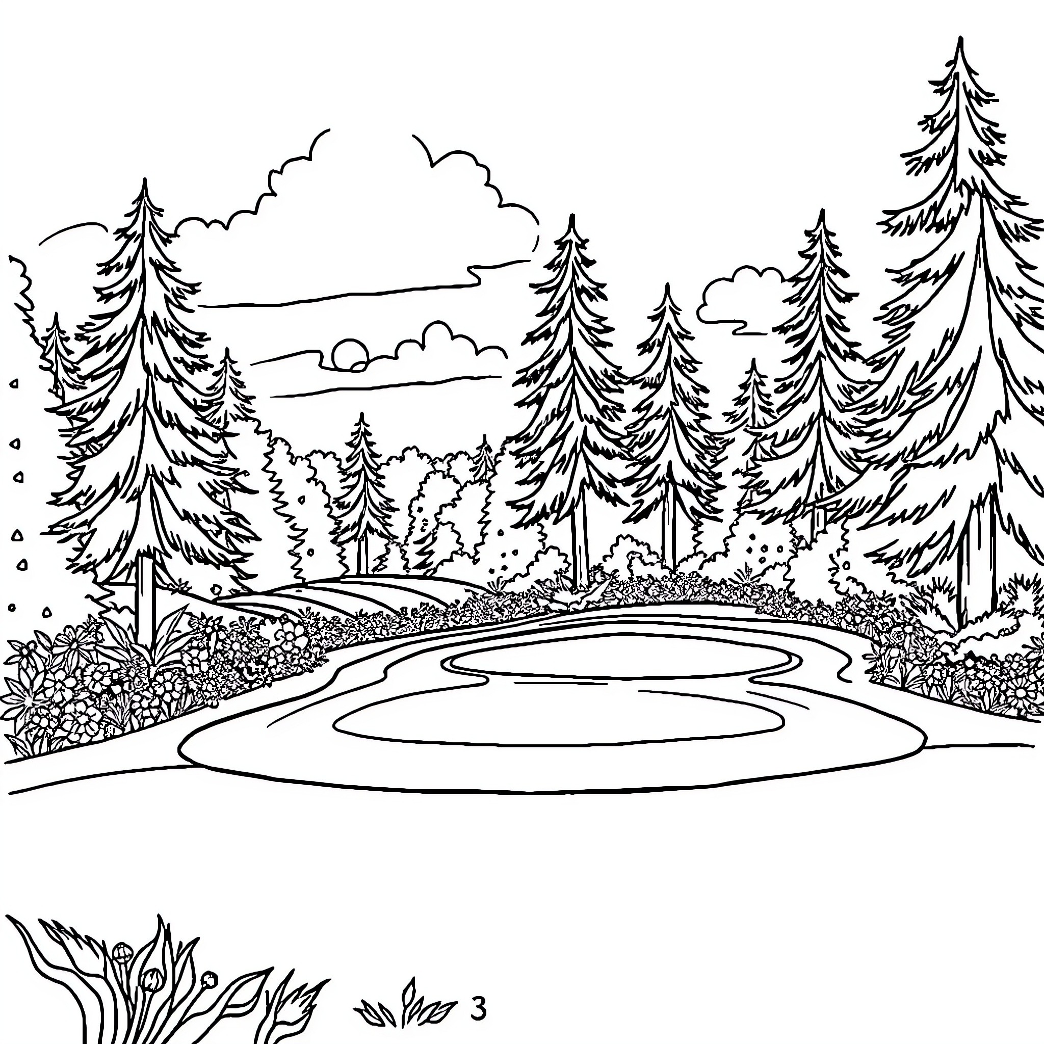 Golf Hole with Scenic Forest Landscape Coloring Page (free black-and-white line drawing printable PDF for all, from beginners to advanced learners, including children, teens, adults, and seniors)