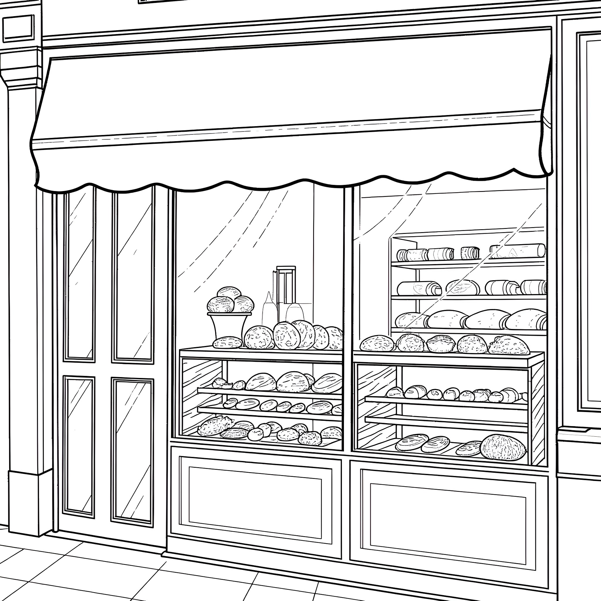 Bakery with Delicious Baked Goods on Display Coloring Page (free black-and-white line drawing printable PDF for all, from beginners to advanced learners, including children, teens, adults, and seniors)