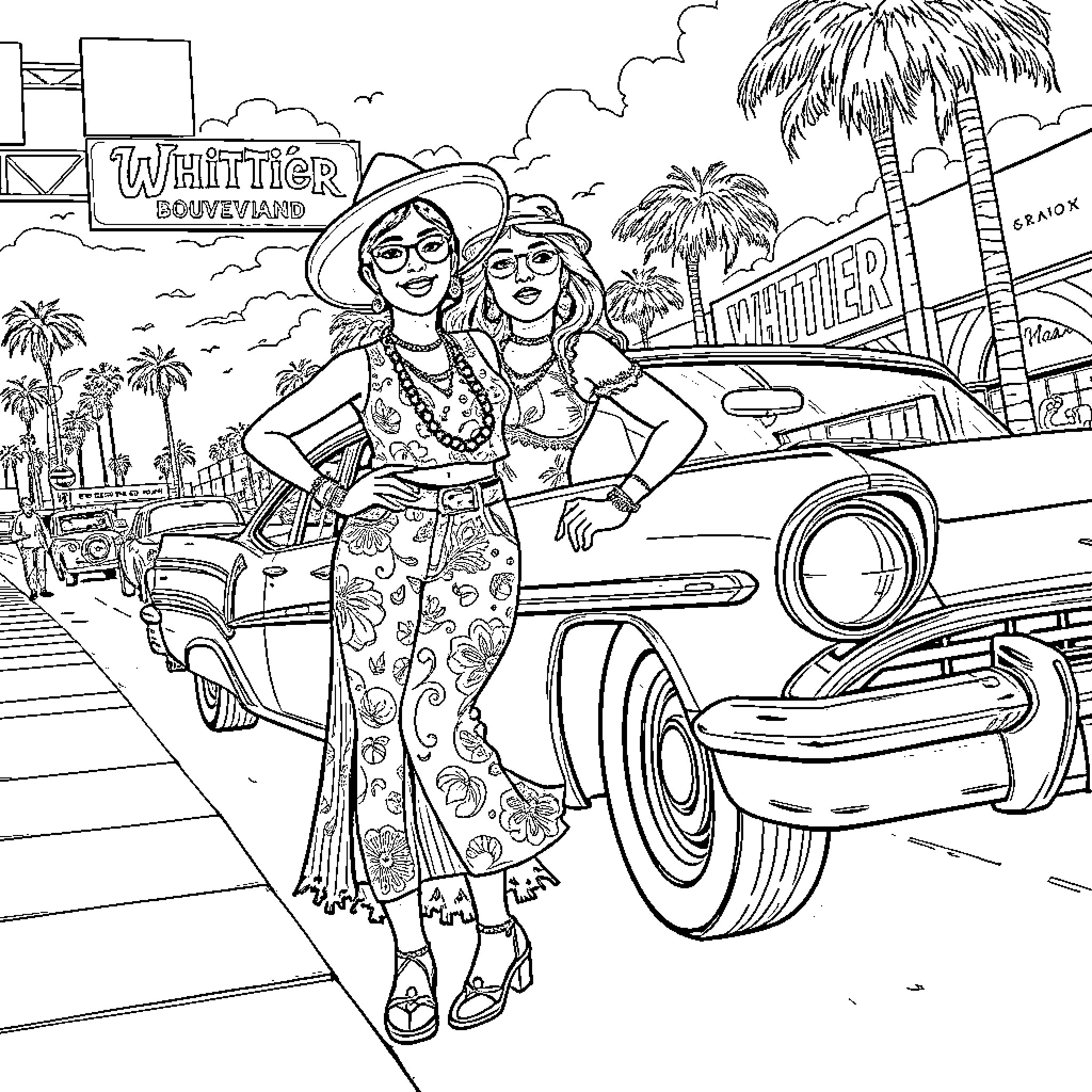 Chola Girls Posing with Classic Car in Whittier Coloring Page (free black-and-white line drawing printable PDF for all, from beginners to advanced learners, including children, teens, adults, and seniors)