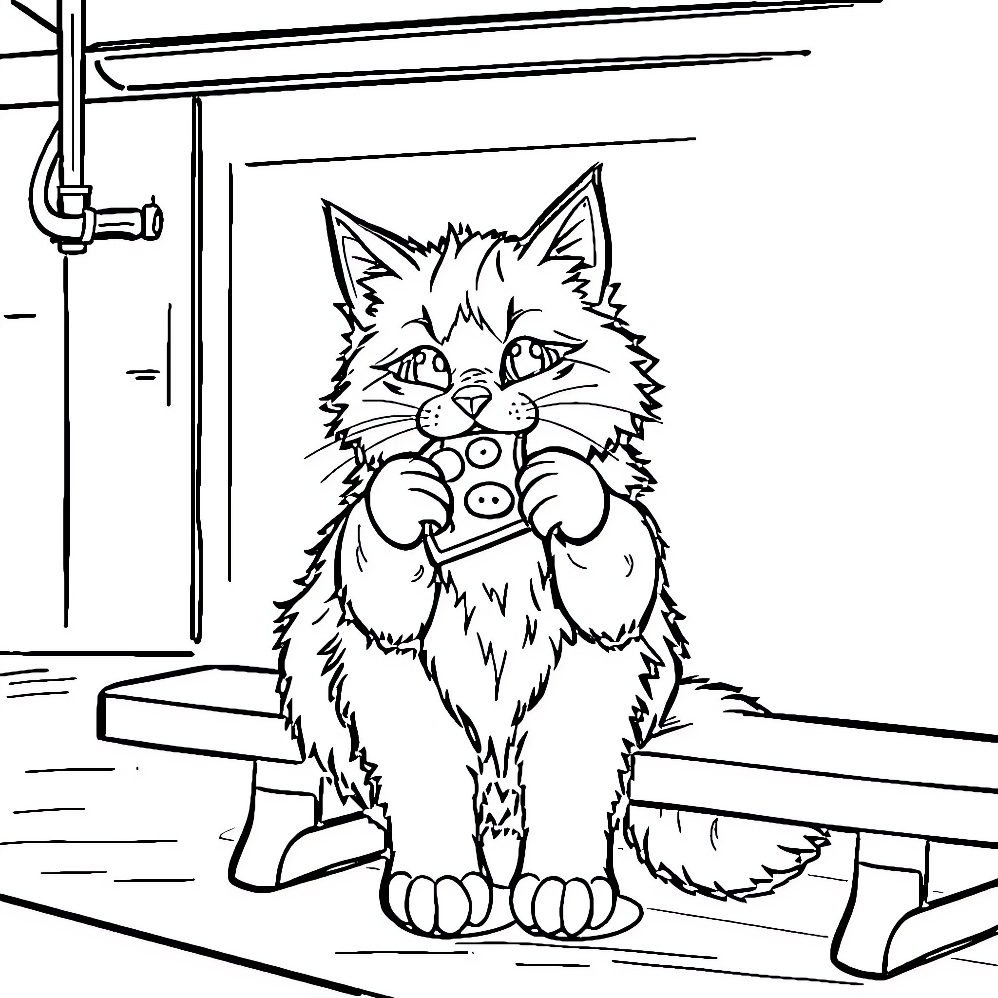 Cat sitting on bench inside a room Coloring Page (free black-and-white line drawing printable PDF for all, from beginners to advanced learners, including children, teens, adults, and seniors)
