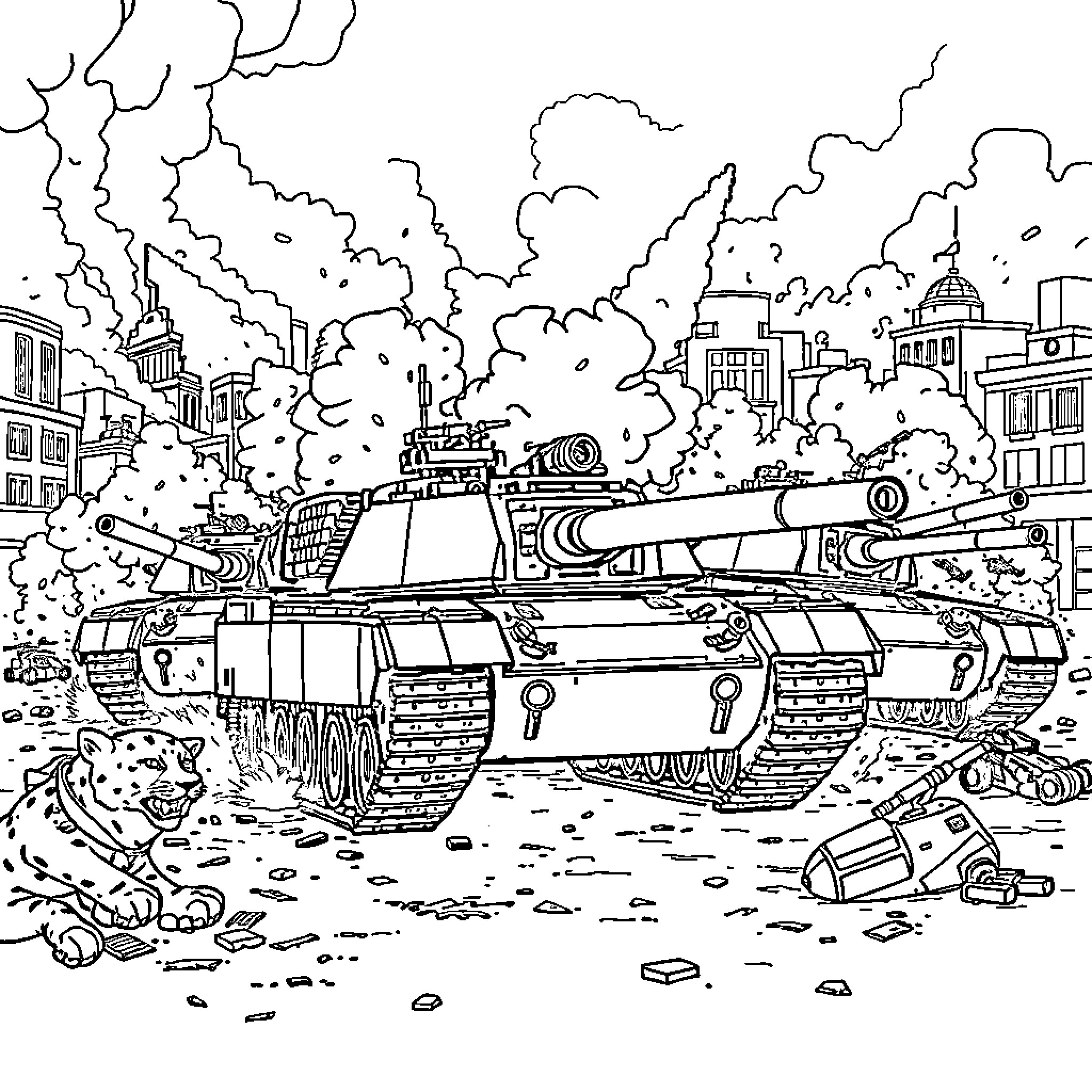 Tank navigating through war-torn city streets Coloring Page (free black-and-white line drawing printable PDF for all, from beginners to advanced learners, including children, teens, adults, and seniors)