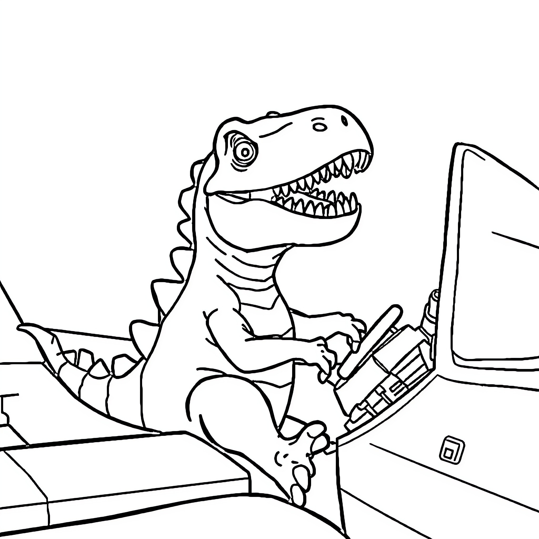 Dinosaur playing video game on computer Coloring Page (free black-and-white line drawing printable PDF for all, from beginners to advanced learners, including children, teens, adults, and seniors)