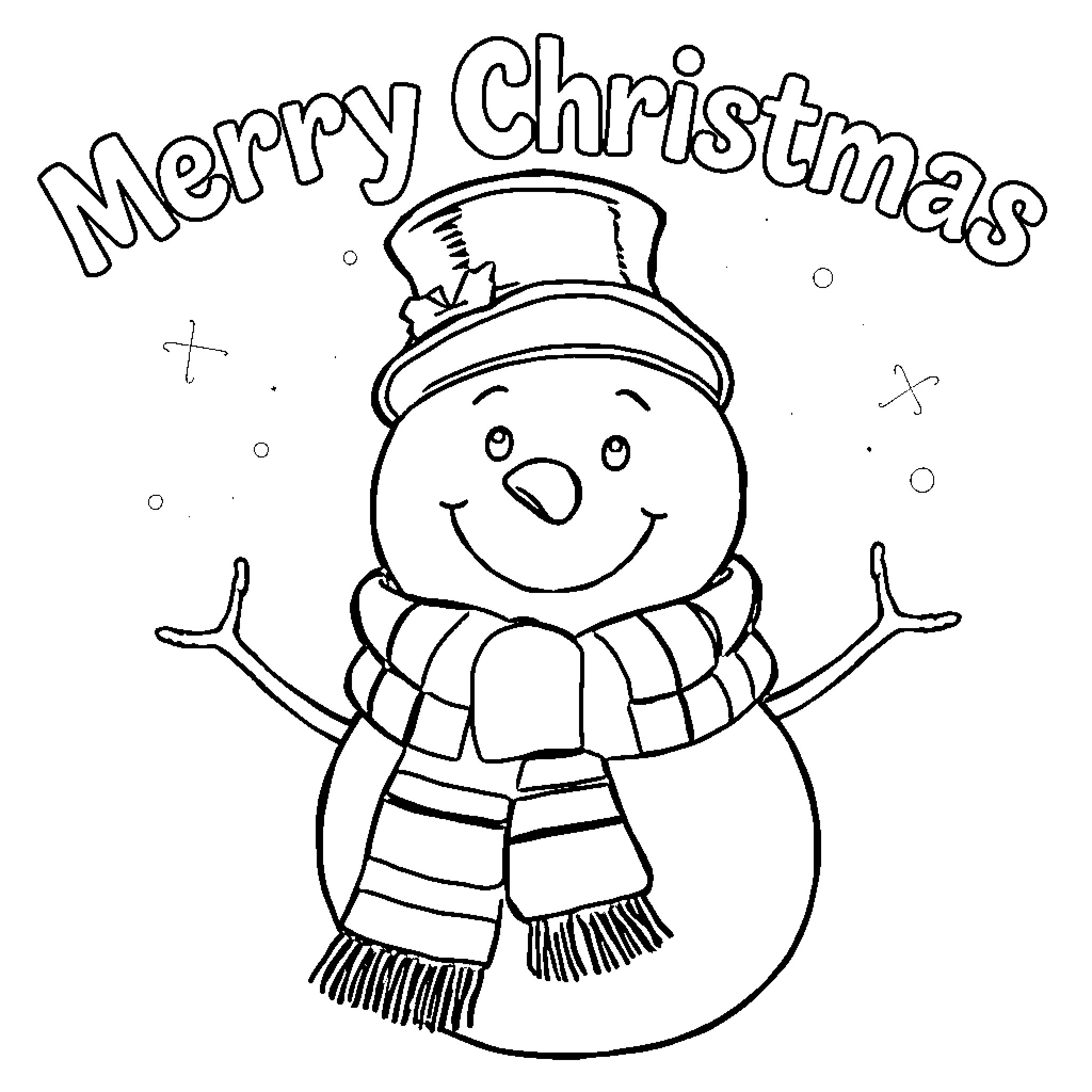Snowman greeting with 'Merry Christmas' Coloring Page (free black-and-white line drawing printable PDF for all, from beginners to advanced learners, including children, teens, adults, and seniors)