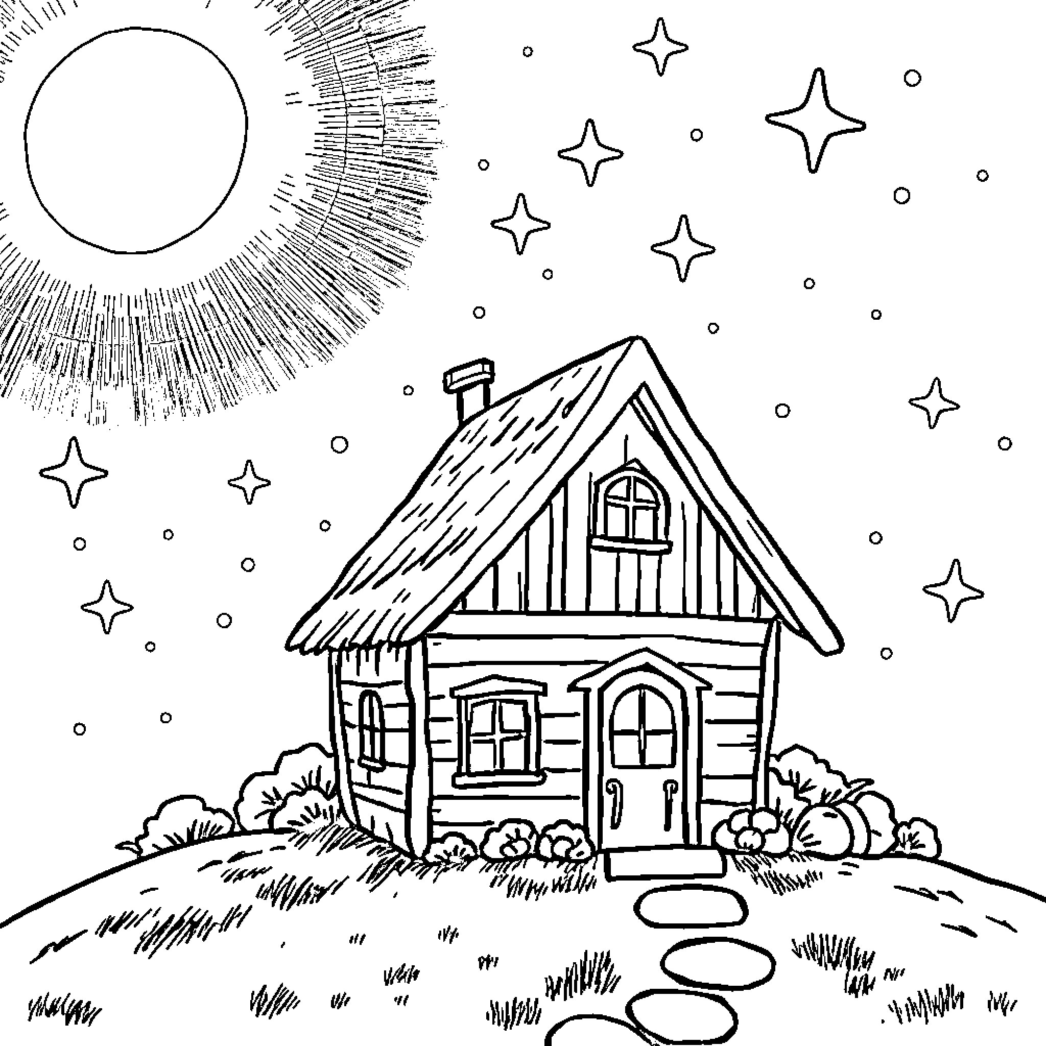 House with starry night sky Coloring Page (free black-and-white line drawing printable PDF for all, from beginners to advanced learners, including children, teens, adults, and seniors)