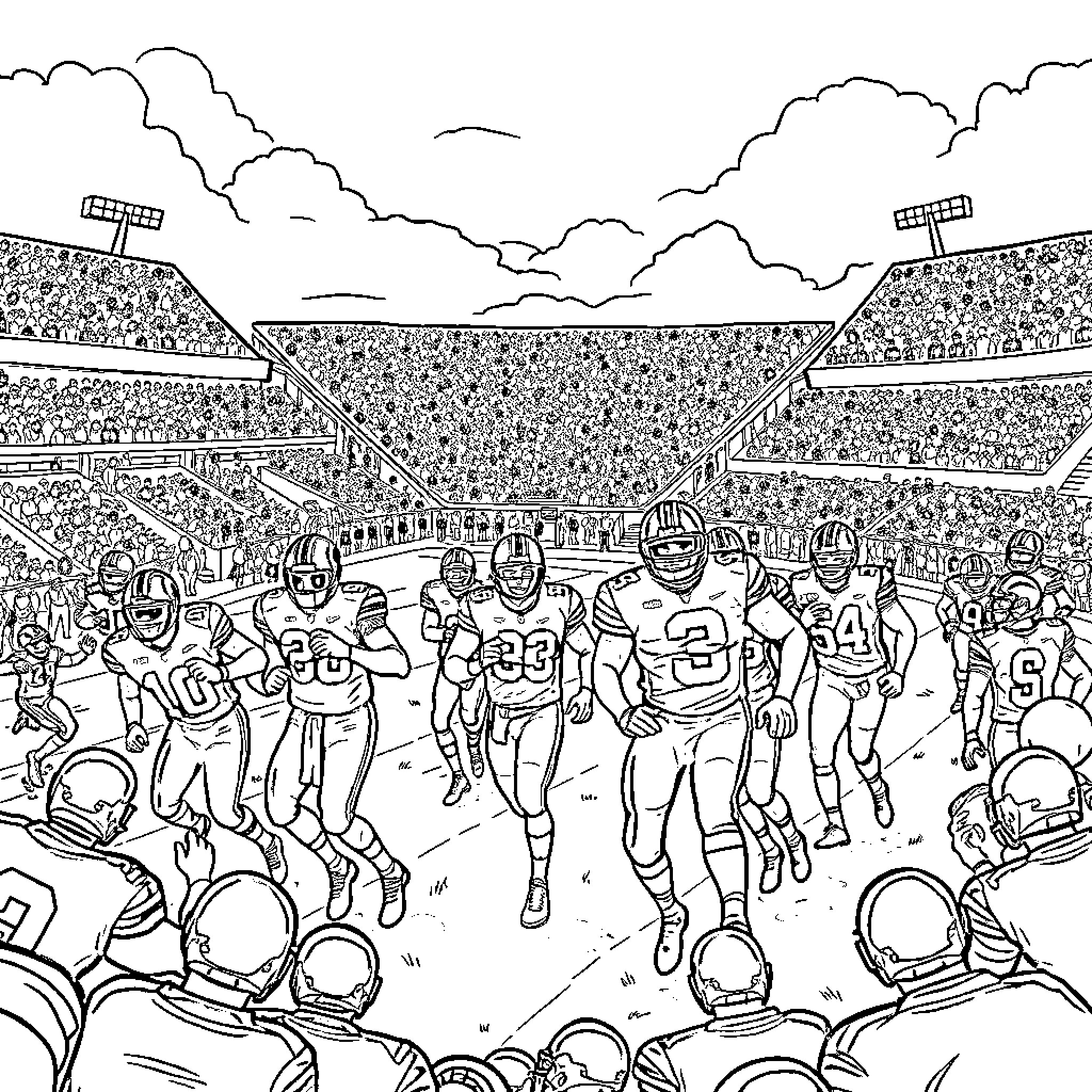 Ohio State Football Players in Intense Game on Field Coloring Page (free black-and-white line drawing printable PDF for all, from beginners to advanced learners, including children, teens, adults, and seniors)
