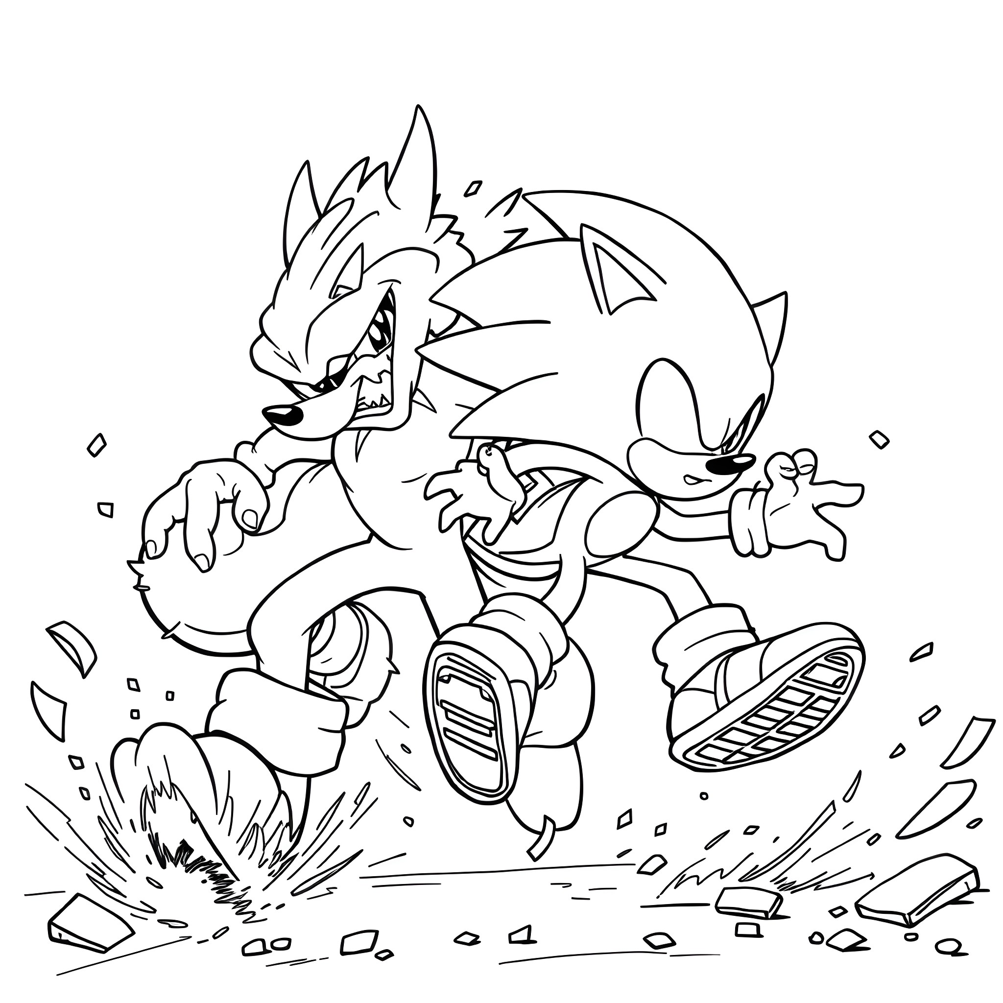 Dogman rushing through an action-packed scene Coloring Page (free black-and-white line drawing printable PDF for all, from beginners to advanced learners, including children, teens, adults, and seniors)