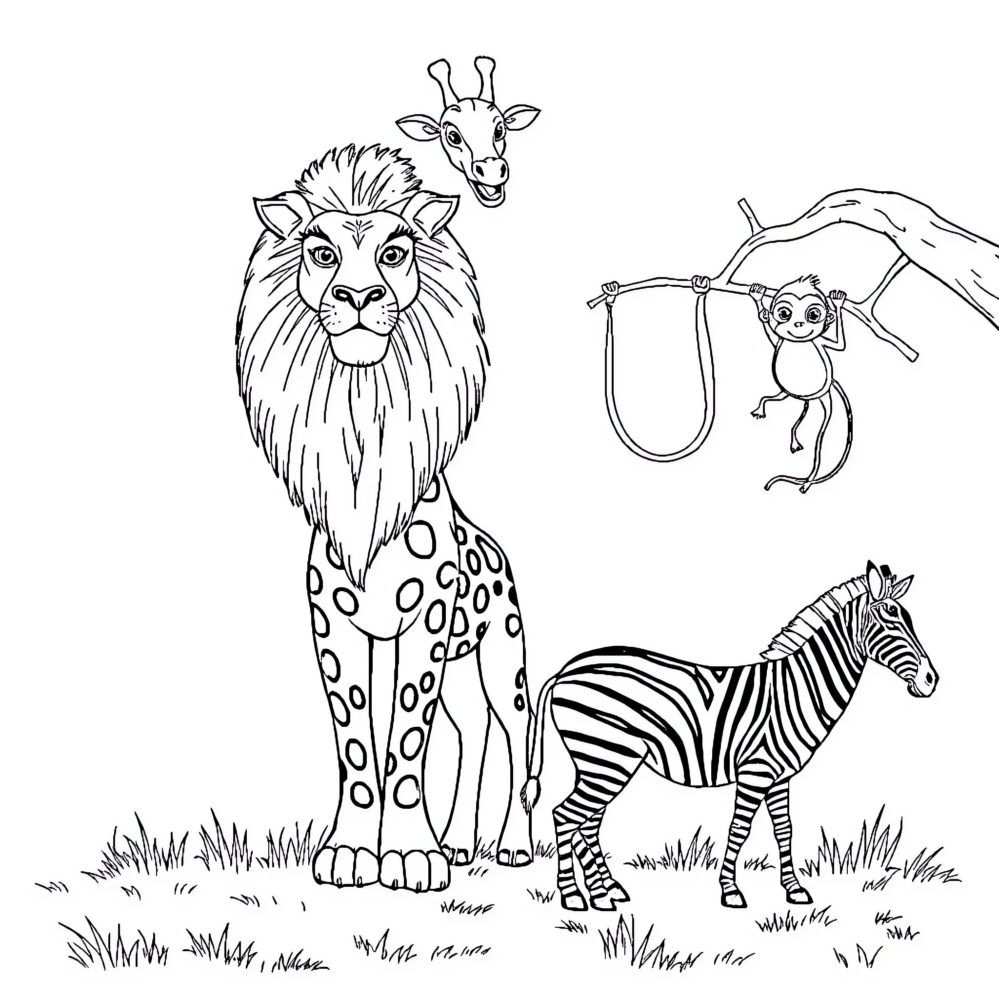 Lion, giraffe, and zebra in the wild Coloring Page (free black-and-white line drawing printable PDF for all, from beginners to advanced learners, including children, teens, adults, and seniors)
