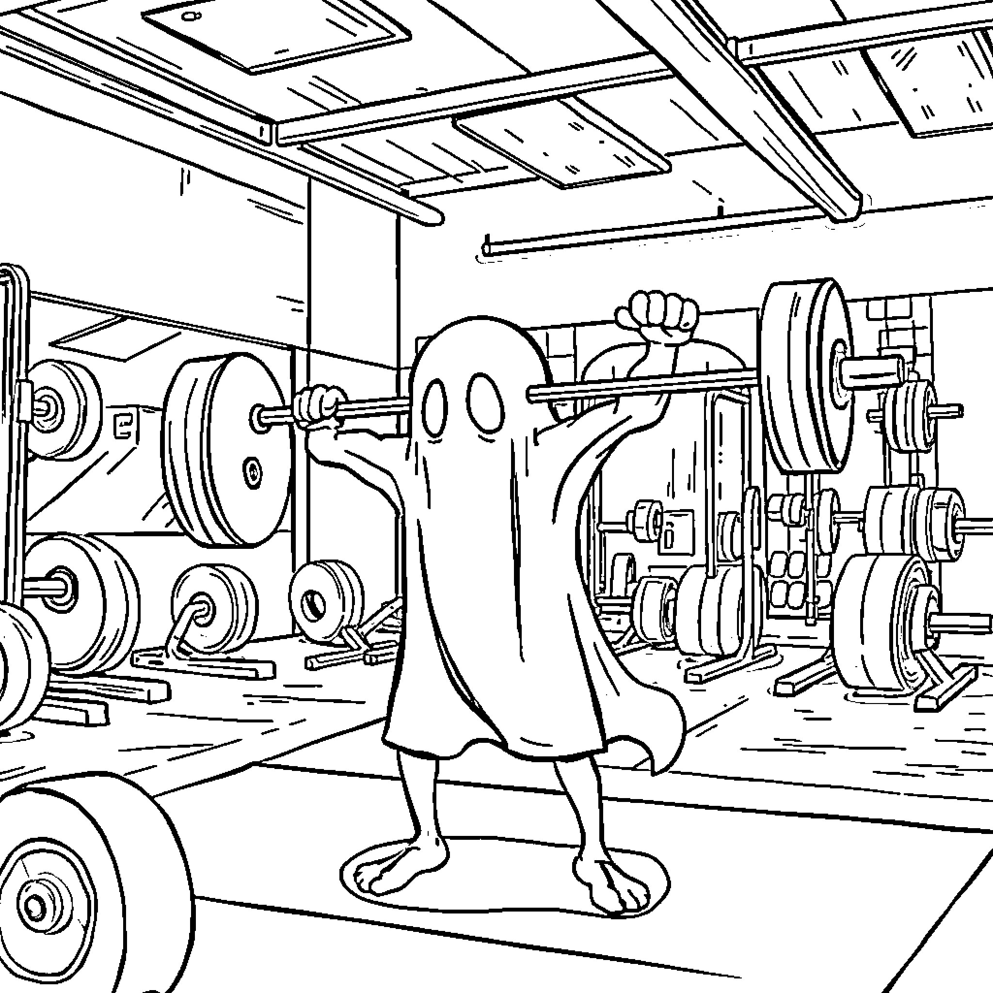Ghost lifts weights in a gym Coloring Page (free black-and-white line drawing printable PDF for all, from beginners to advanced learners, including children, teens, adults, and seniors)