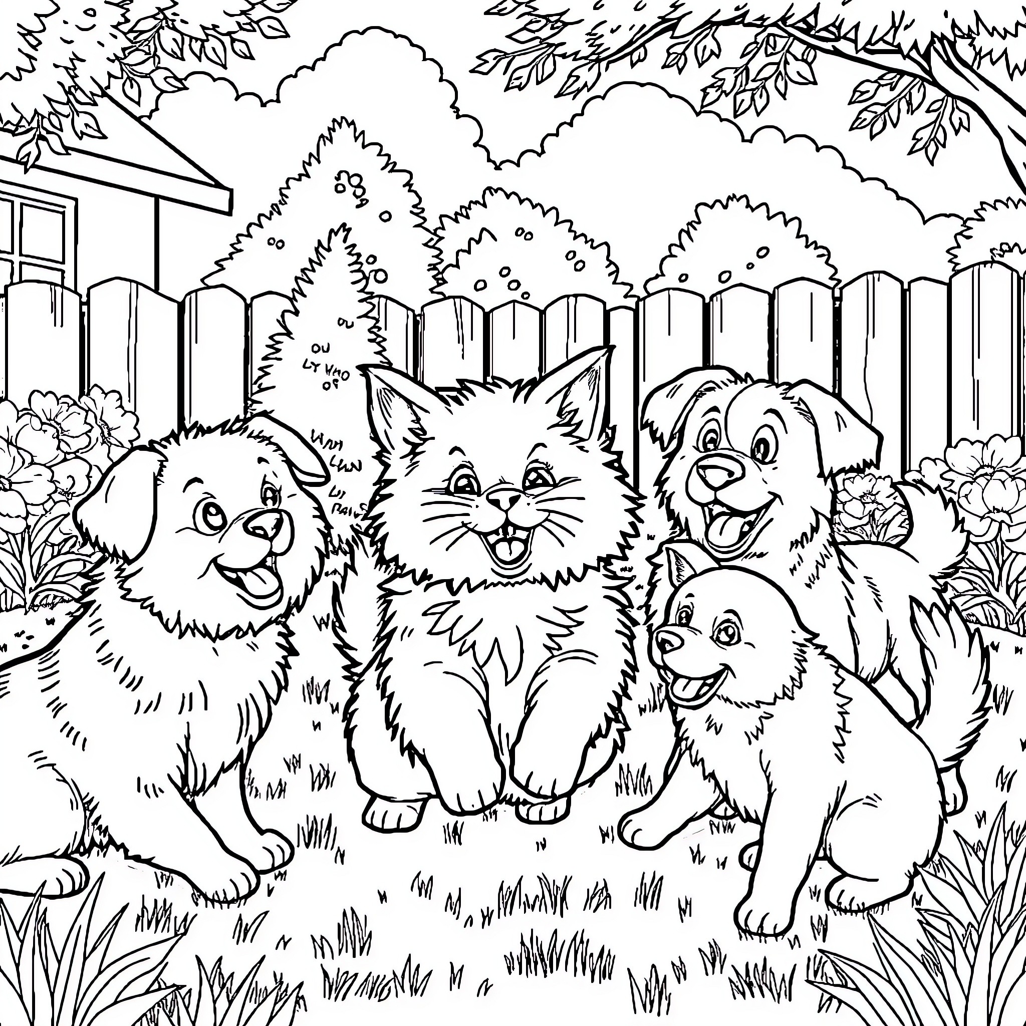 Cat Friends in the Backyard Coloring Page (free black-and-white line drawing printable PDF for all, from beginners to advanced learners, including children, teens, adults, and seniors)