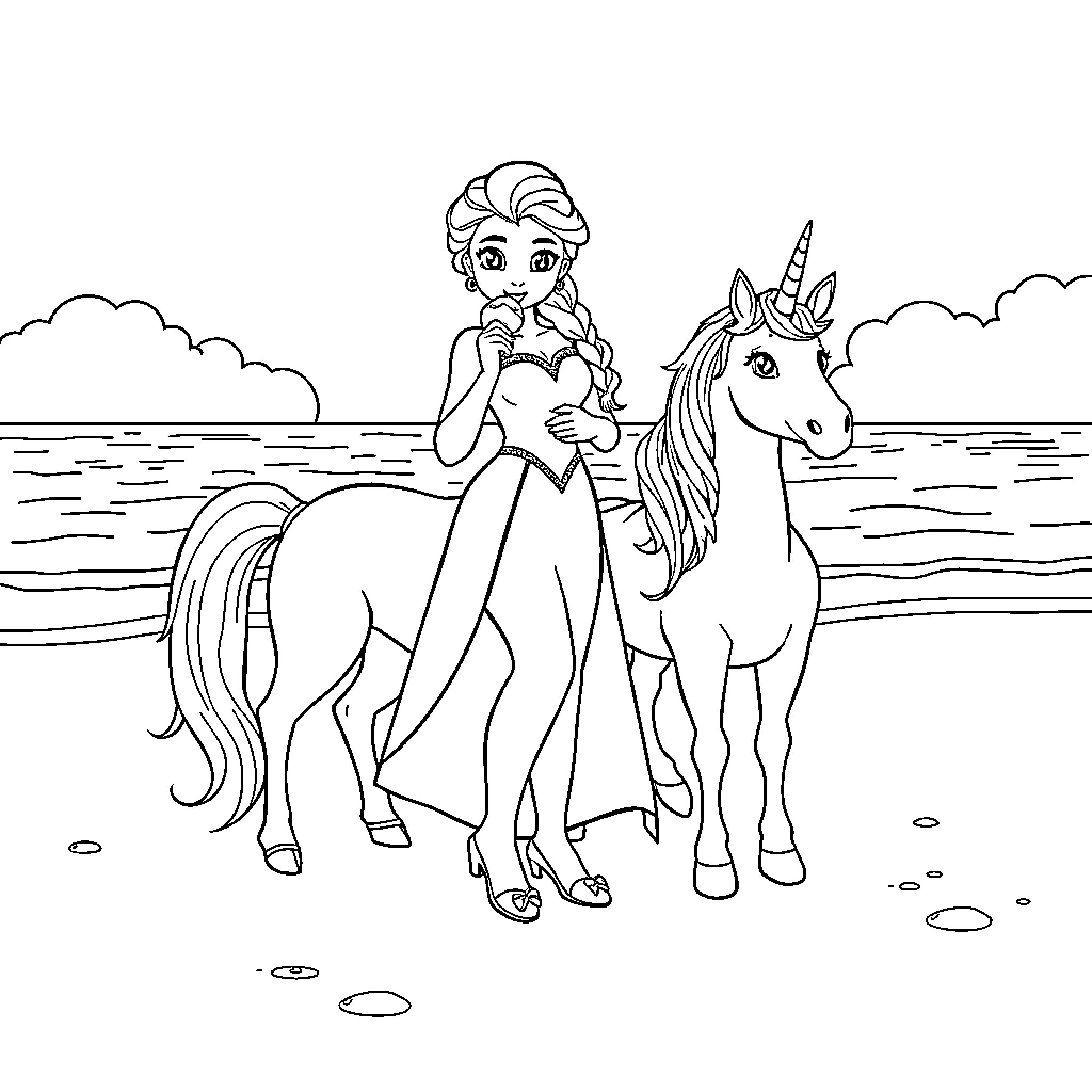 Elsa riding a unicorn by the ocean Coloring Page (free black-and-white line drawing printable PDF for all, from beginners to advanced learners, including children, teens, adults, and seniors)