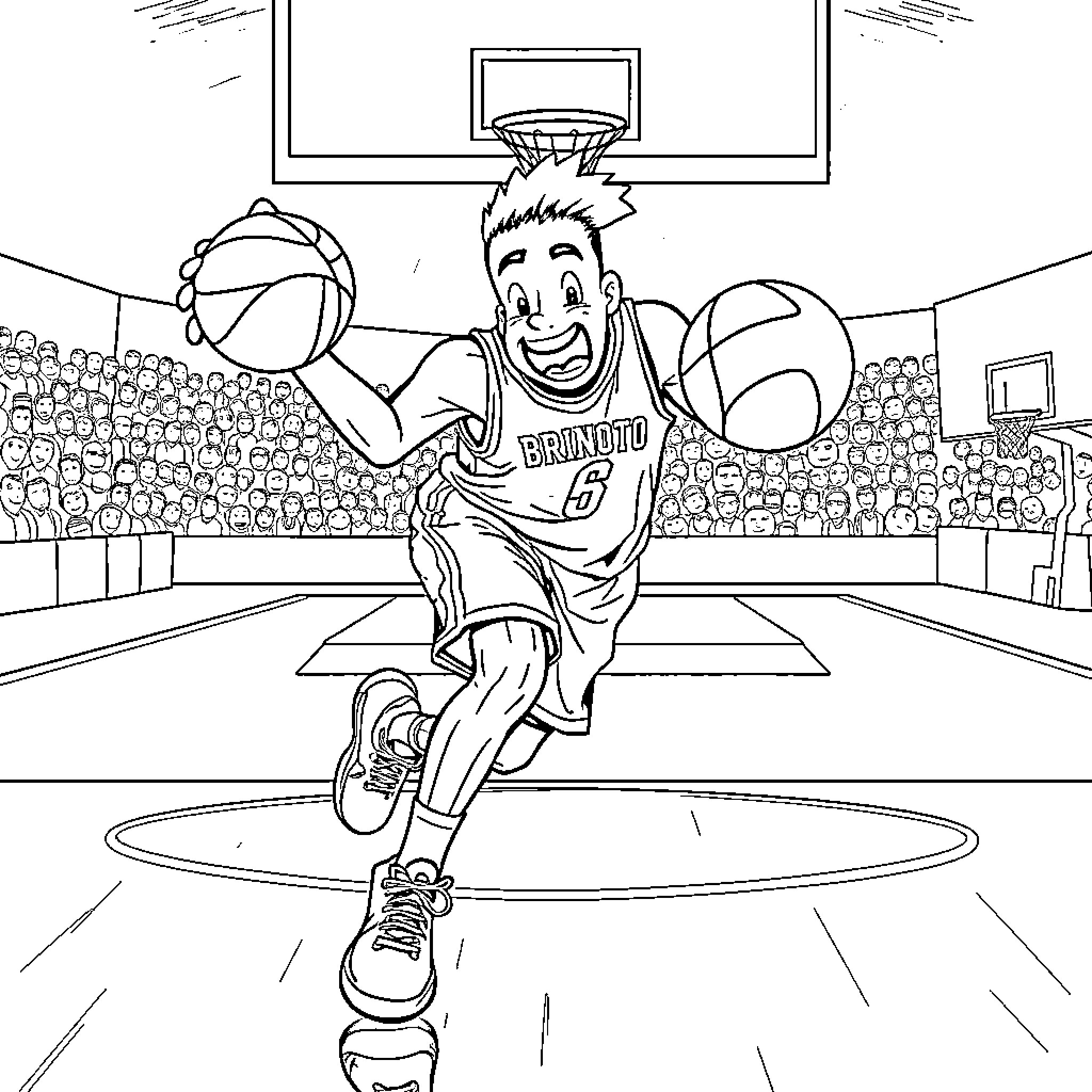 Brianrot playing basketball in the arena Coloring Page (free black-and-white line drawing printable PDF for all, from beginners to advanced learners, including children, teens, adults, and seniors)