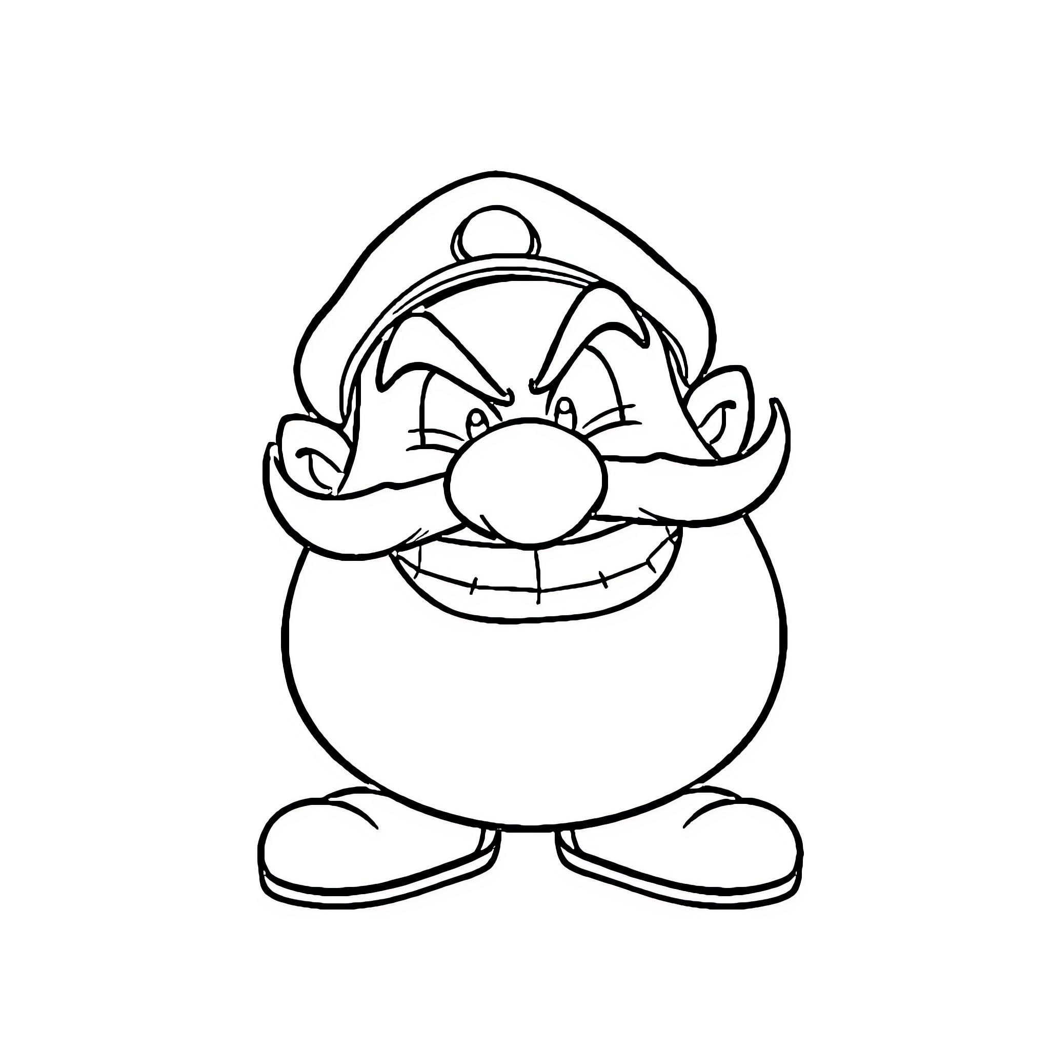 Wario with a mischievous grin Coloring Page (free black-and-white line drawing printable PDF for all, from beginners to advanced learners, including children, teens, adults, and seniors)