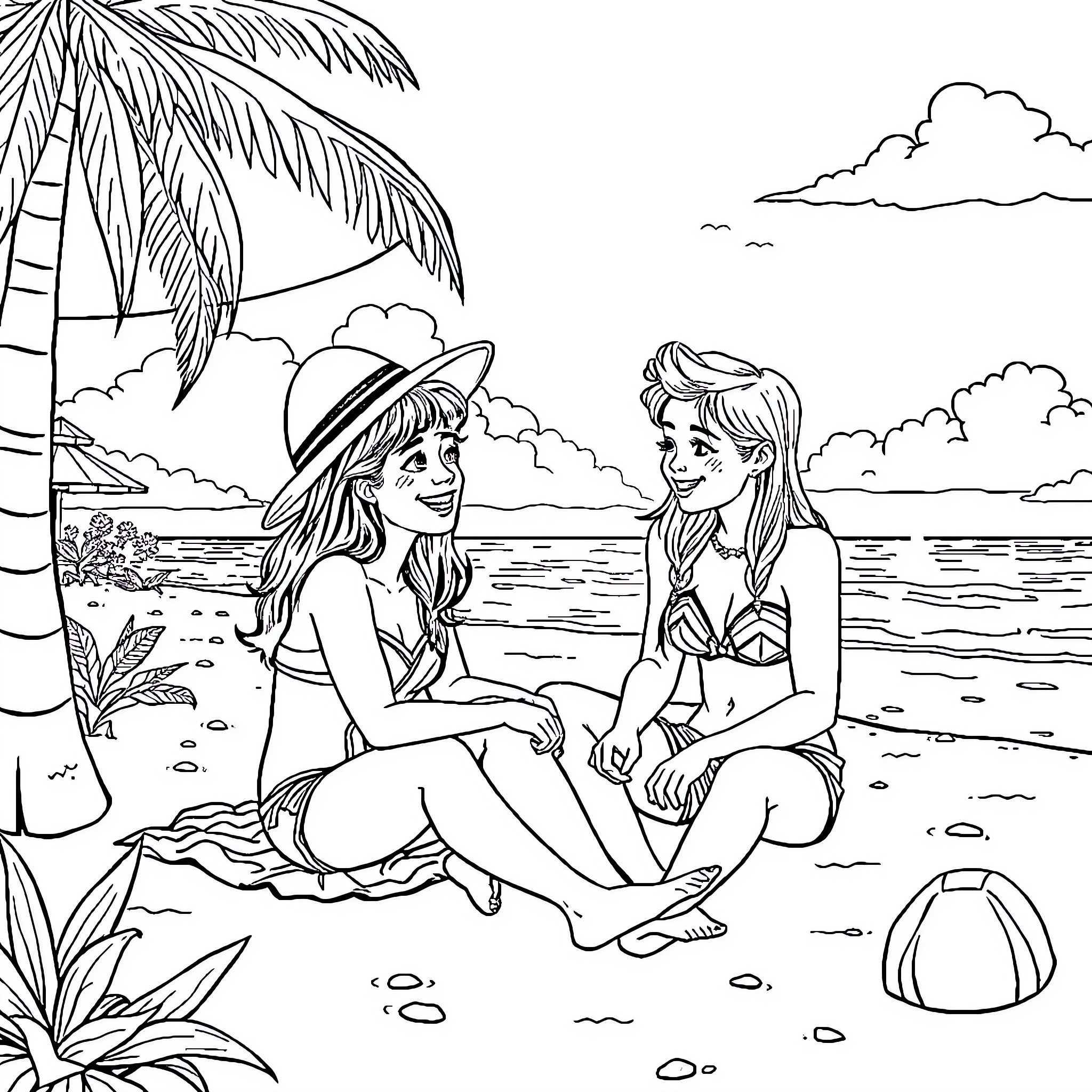 Gaby's Beachside Adventure with a Friend Coloring Page (free black-and-white line drawing printable PDF for all, from beginners to advanced learners, including children, teens, adults, and seniors)
