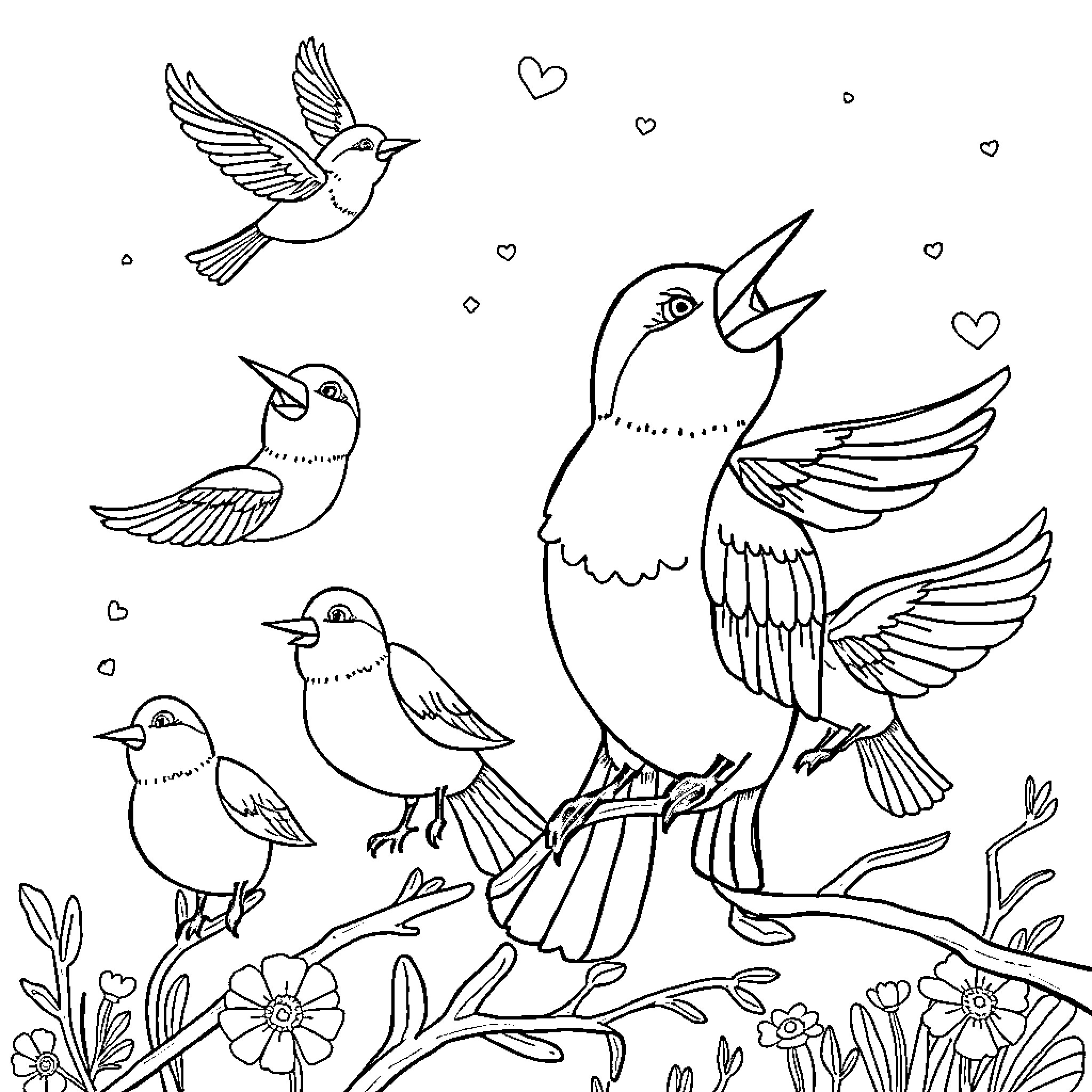 Bird Friends Flock Together in Nature Coloring Page (free black-and-white line drawing printable PDF for all, from beginners to advanced learners, including children, teens, adults, and seniors)